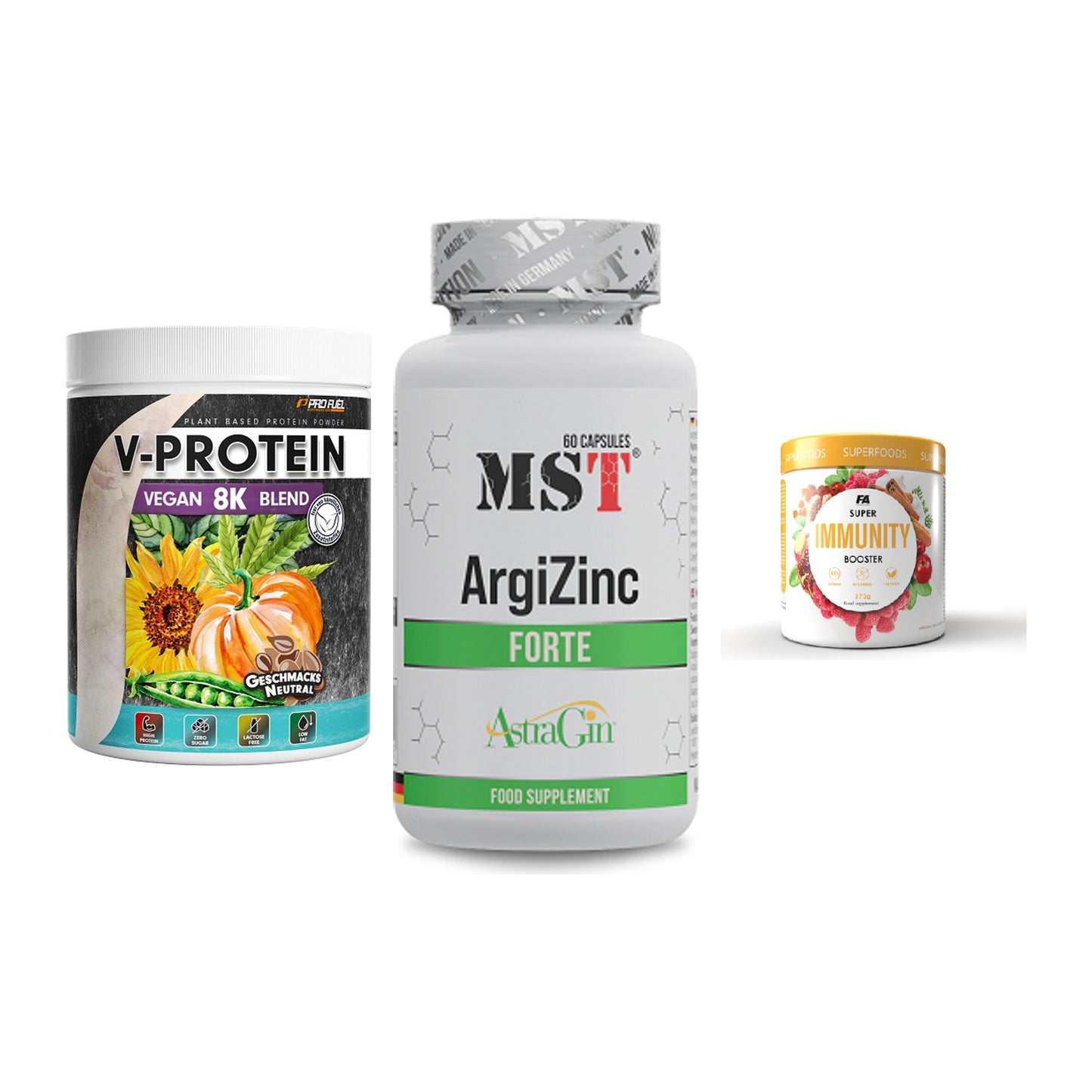Pflanzliches Set: ProFuel V-Prote + MST ArgiZinc + FA Nutrition – alle enthaltenen Artikel