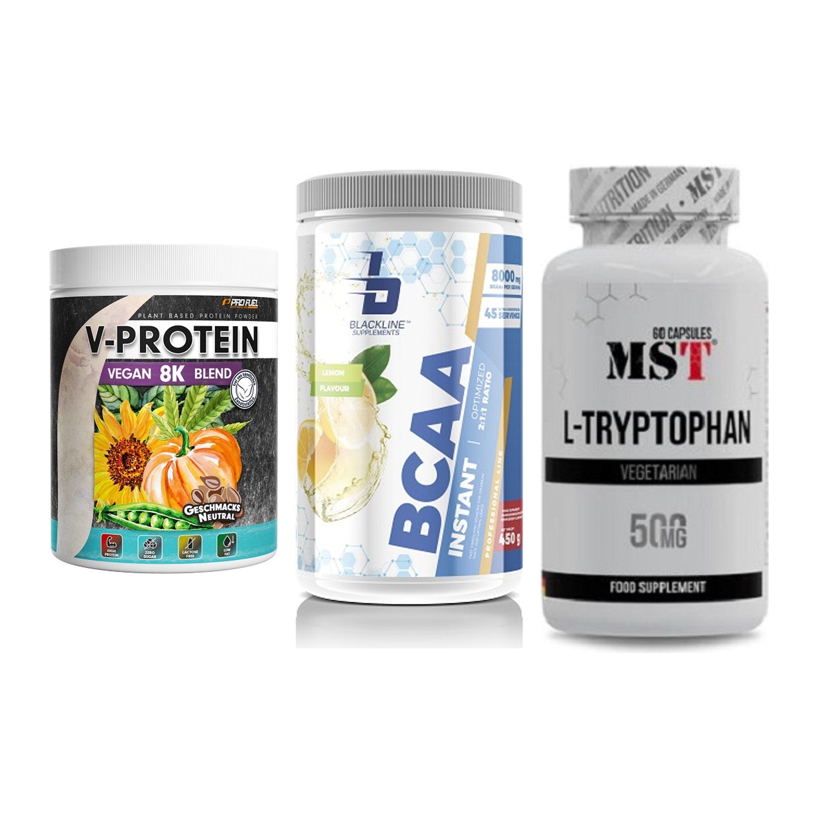 Pflanzliches Set: ProFuel V-Prote + Blackline + MST Tryptophan – alle enthaltenen Artikel