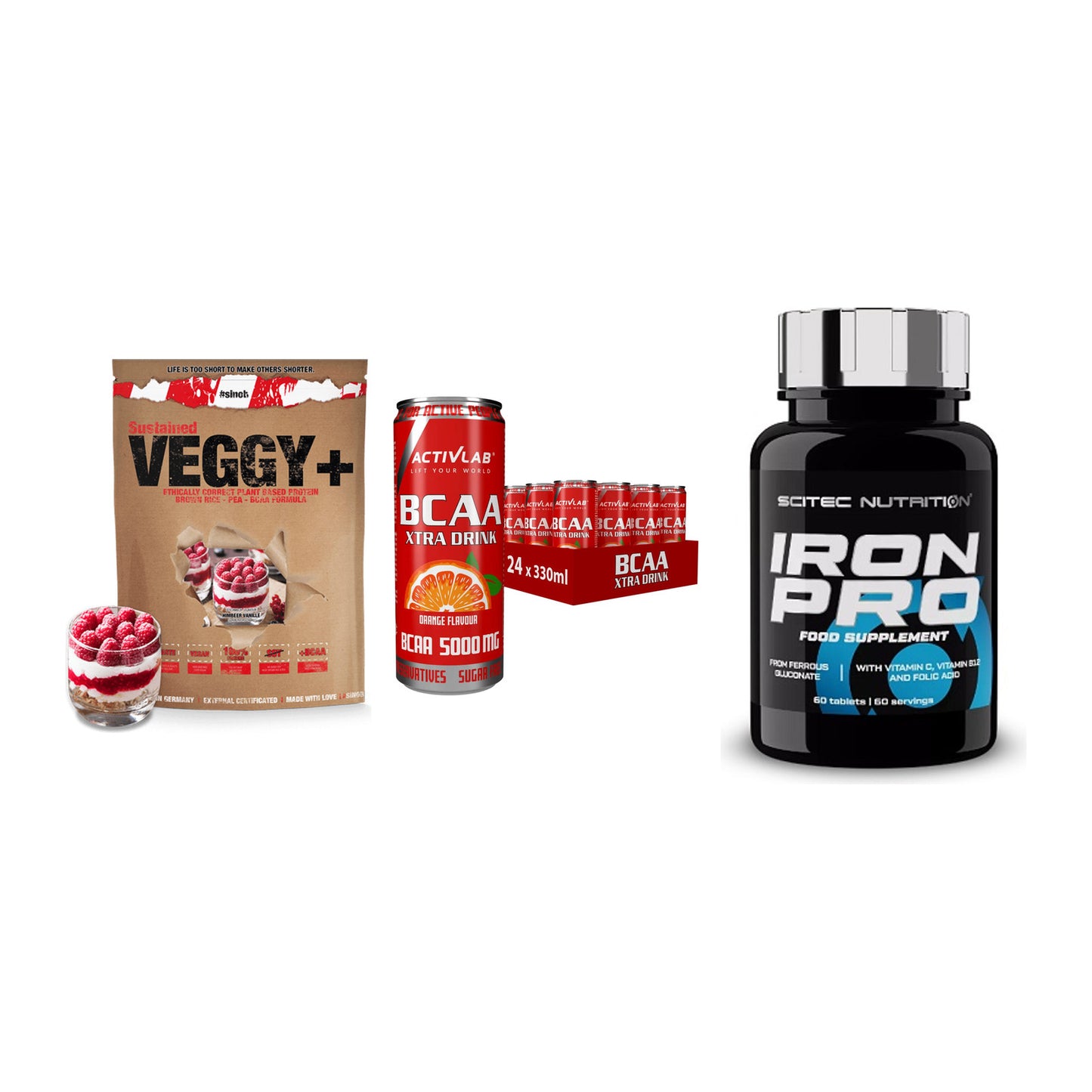 Pflanzliches Set: Sinob VEGGY + Activlab BCAA + Scitec Iron Pro – alle enthaltenen Artikel
