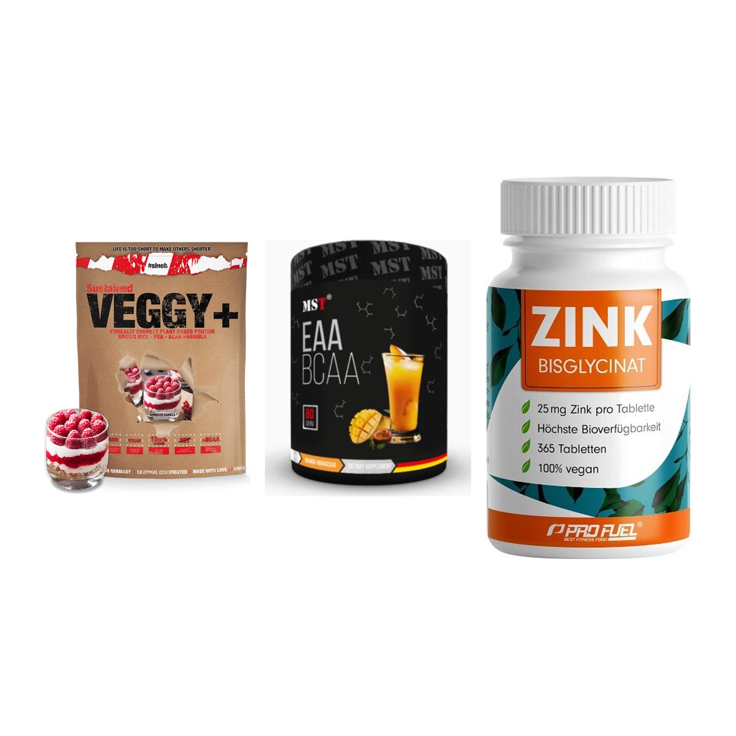 Pflanzliches Set: Sinob VEGGY + MST EAA & BCAA + ProFuel Zink – alle enthaltenen Artikel