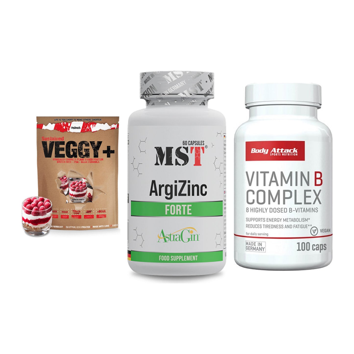 Pflanzliches Set: Sinob VEGGY + MST ArgiZinc + Body Attack – alle enthaltenen Artikel