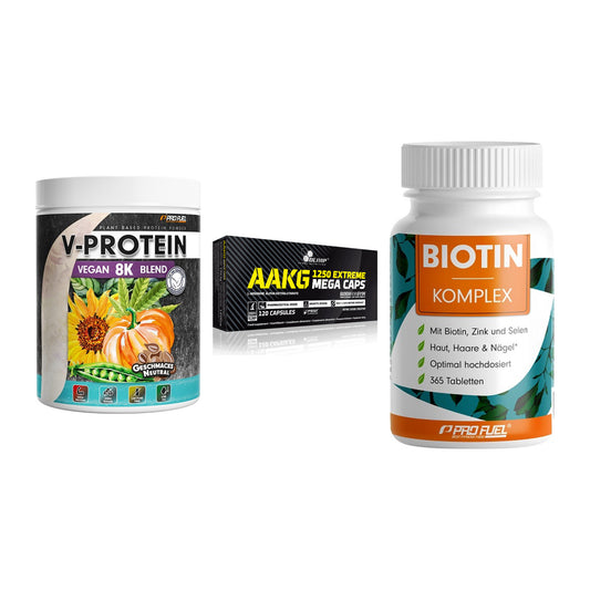 Pflanzliches Set: ProFuel V-Prote + Olimp AAKG + ProFuel BIOTIN – alle enthaltenen Artikel