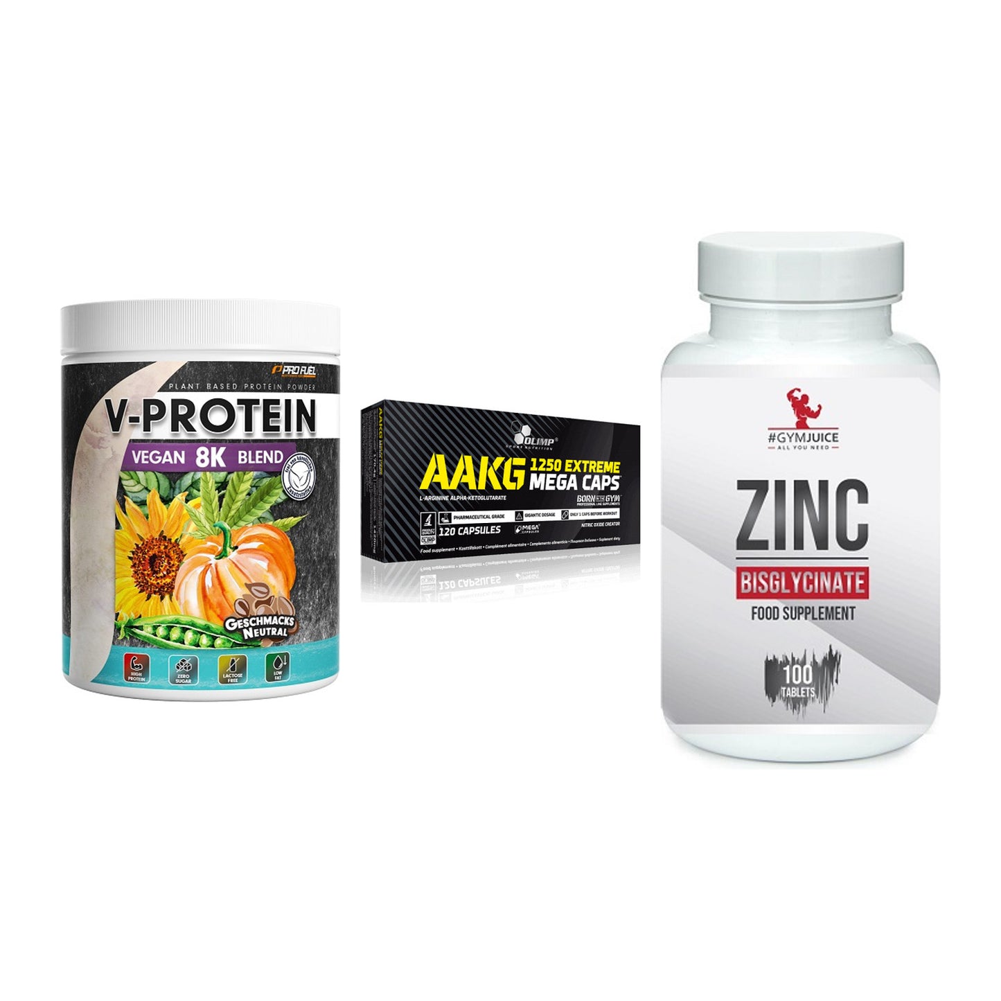 Pflanzliches Set: ProFuel V-Prote + Olimp AAKG + #GYMJUICE ZINC – alle enthaltenen Artikel