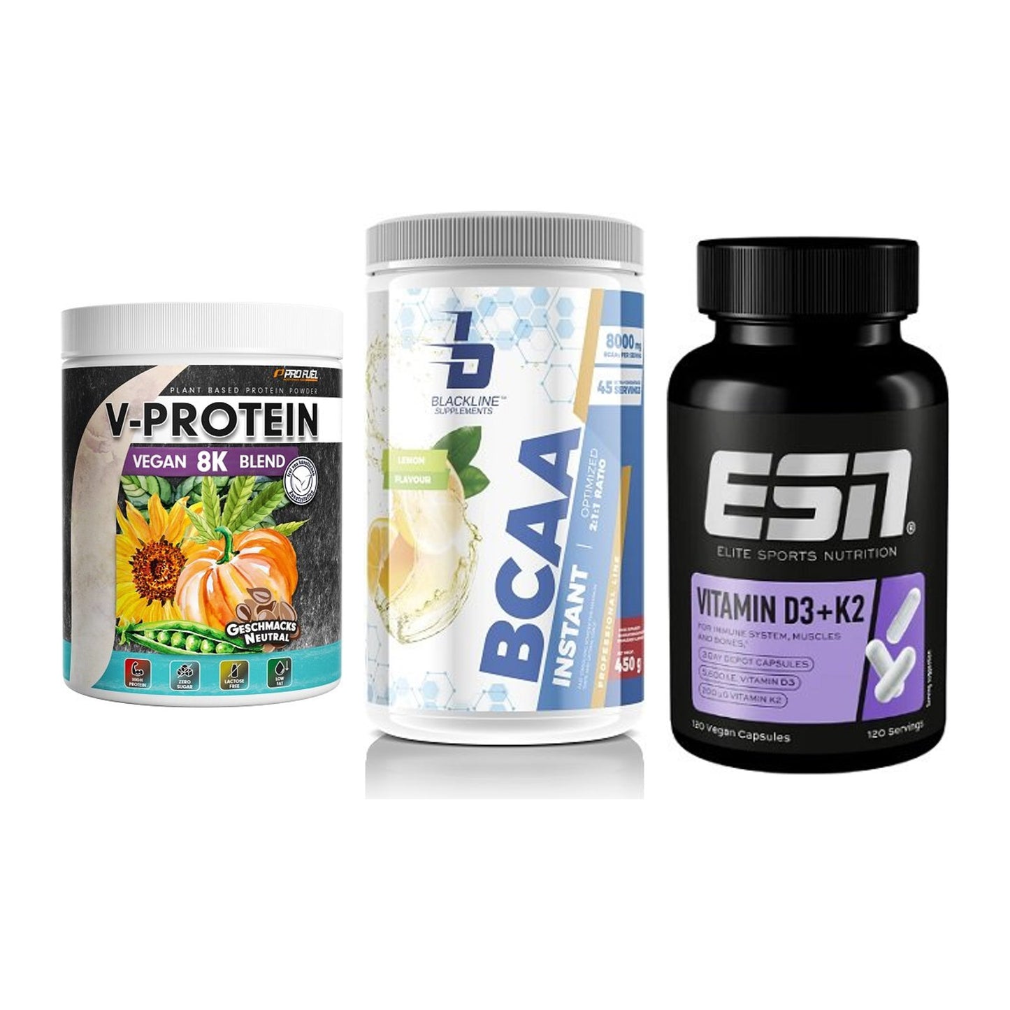Pflanzliches Set: ProFuel V-Prote + Blackline + ESN Vitamin D3 – alle enthaltenen Artikel