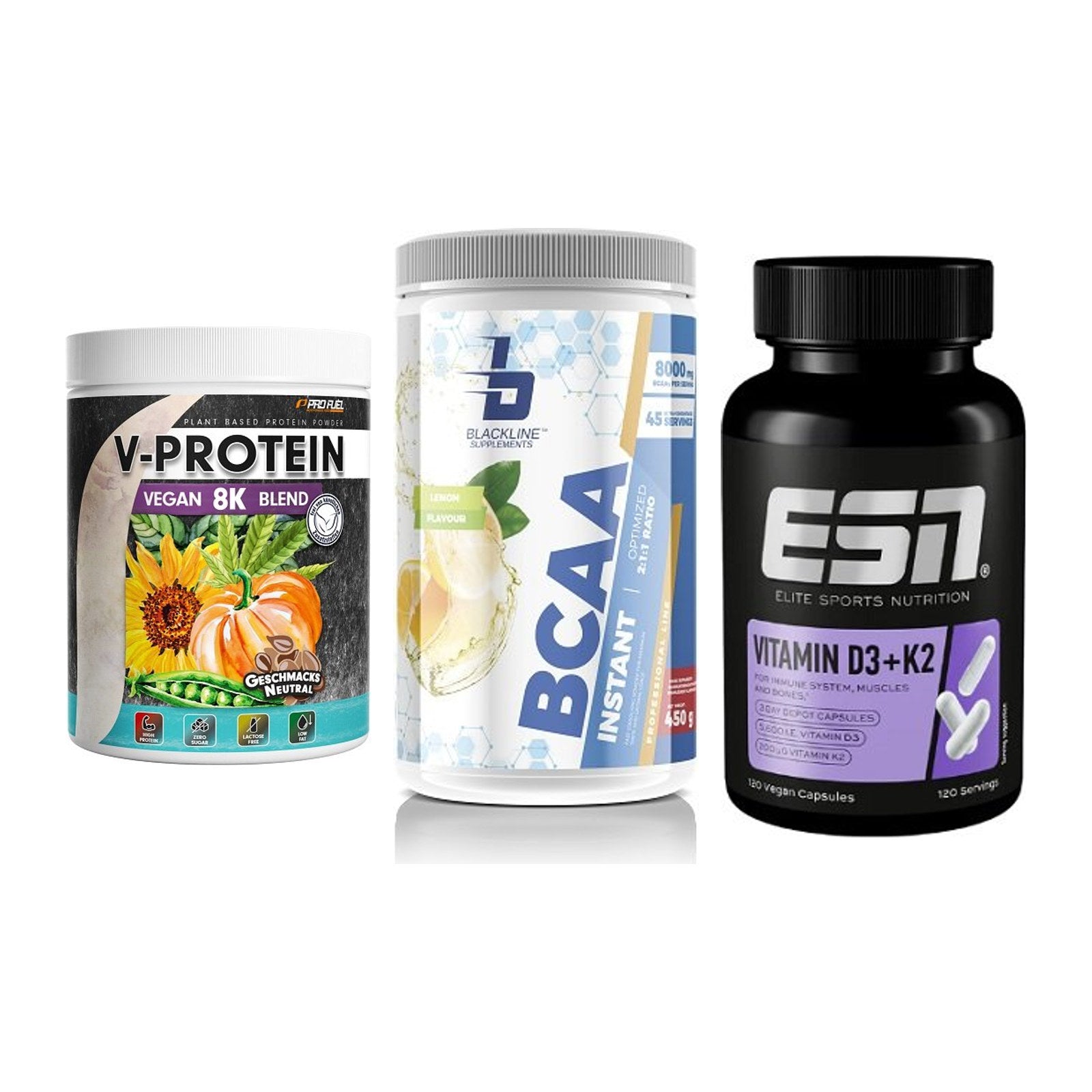 Pflanzliches Set: ProFuel V-Prote + Blackline + ESN Vitamin D3 – alle enthaltenen Artikel