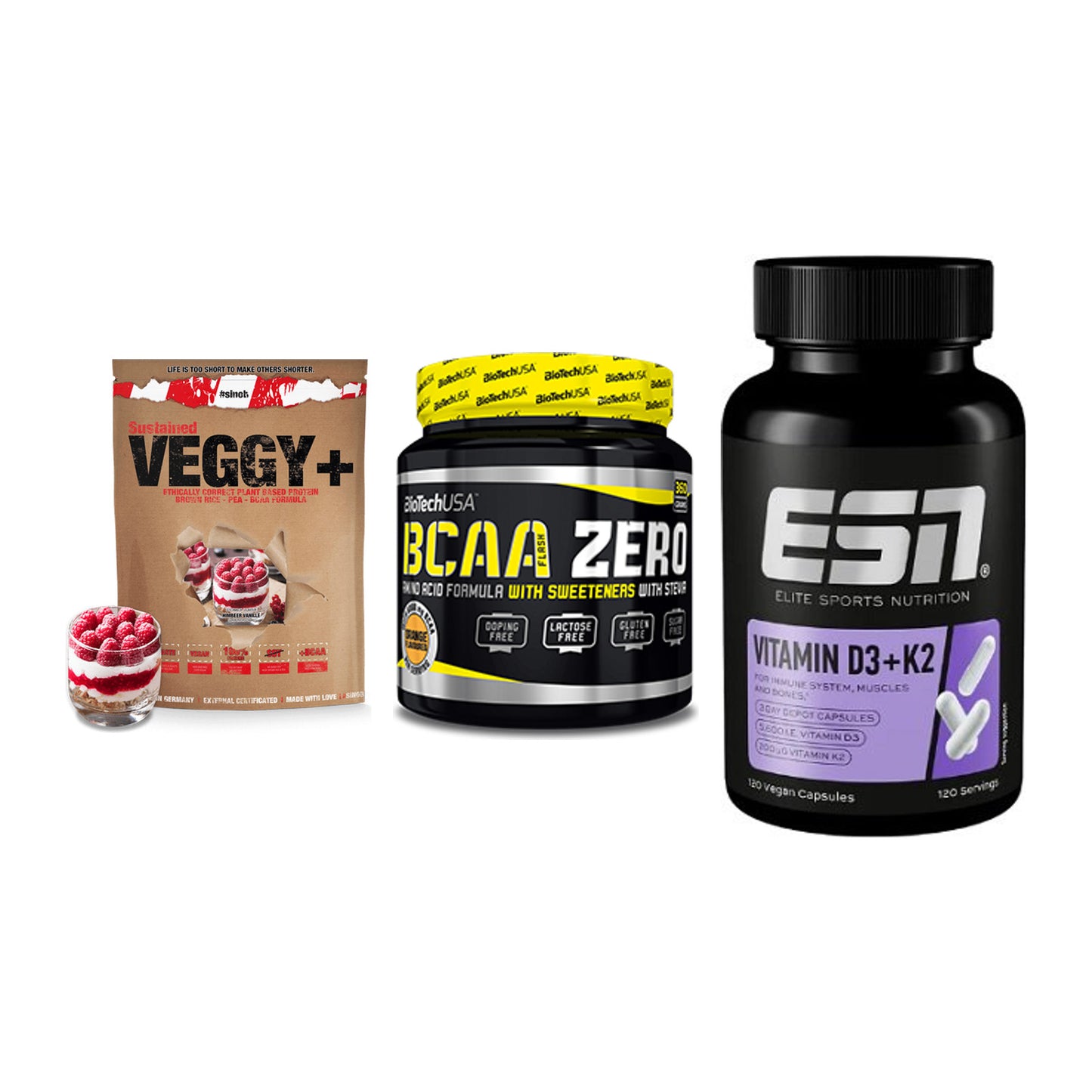 Pflanzliches Set: Sinob VEGGY + BioTech BCAA + ESN Vitamin D3 – alle enthaltenen Artikel