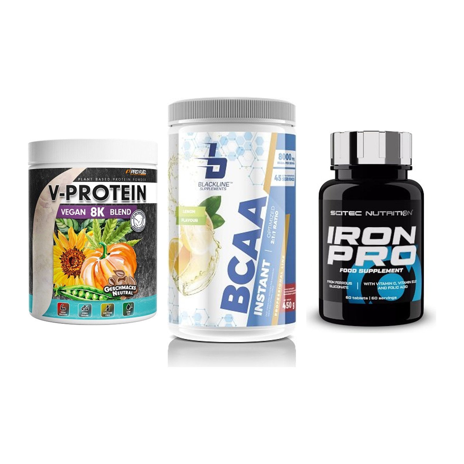 Pflanzliches Set: ProFuel V-Prote + Blackline + Scitec Iron Pro – alle enthaltenen Artikel