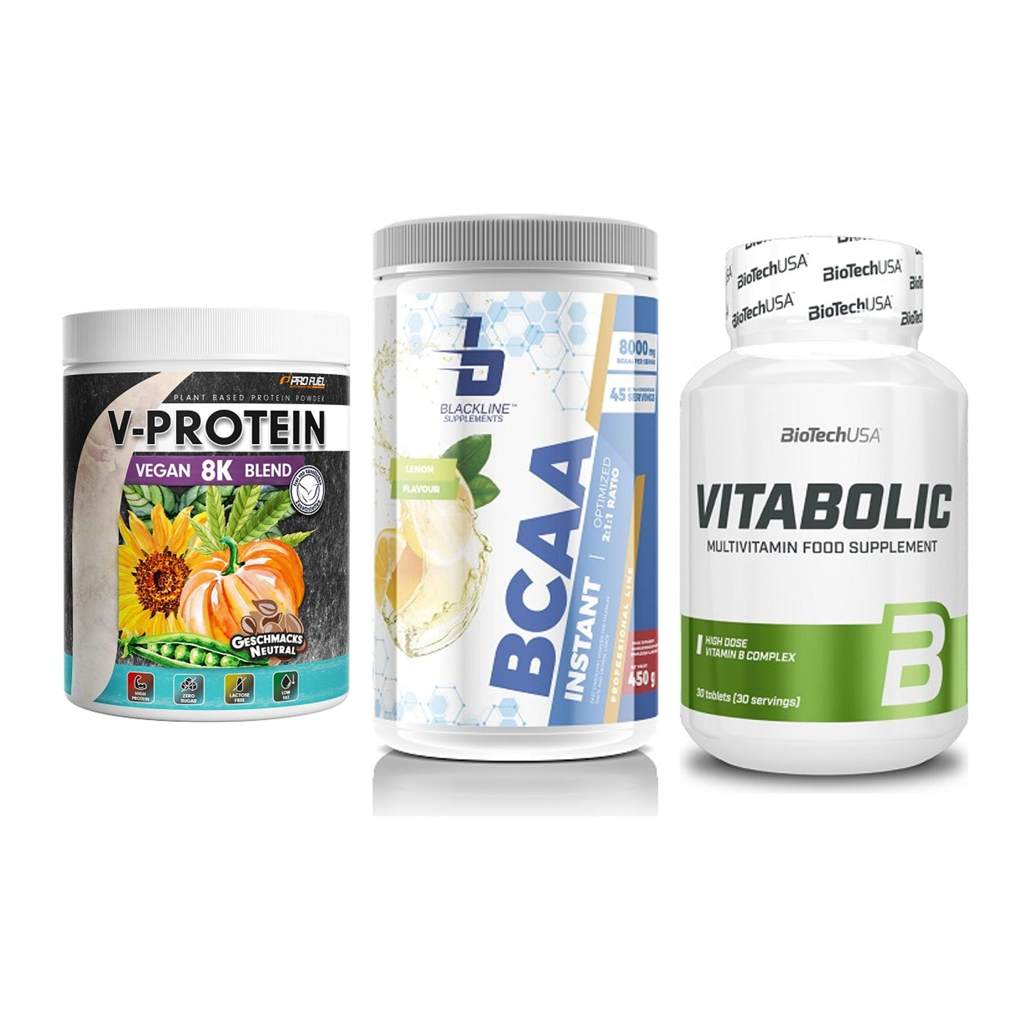 Pflanzliches Set: ProFuel V-Prote + Blackline + BioTech Vitabol – alle enthaltenen Artikel