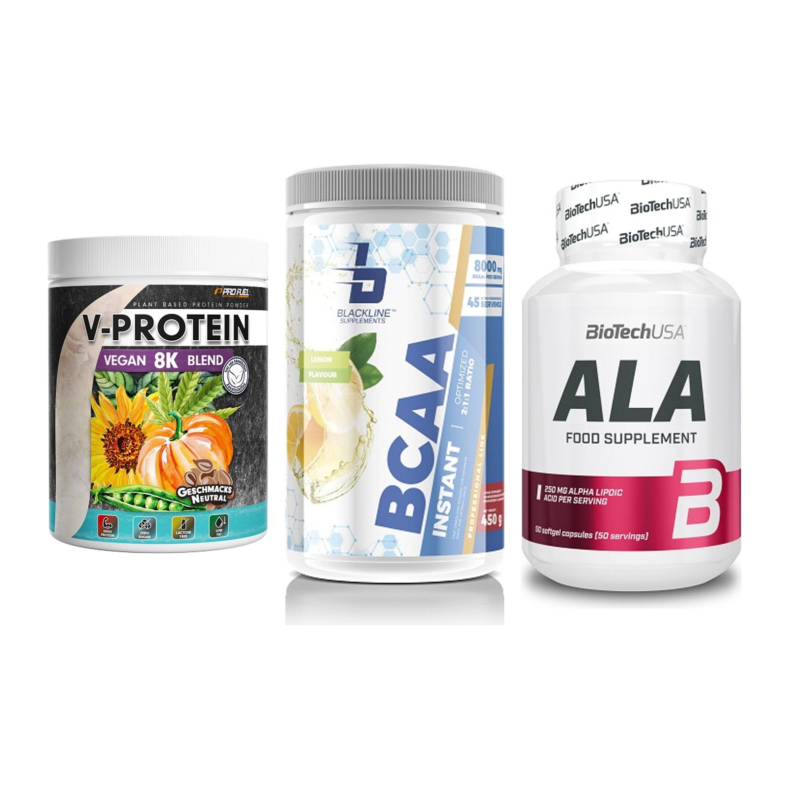 Pflanzliches Set: ProFuel V-Prote + Blackline + BioTech ALA – alle enthaltenen Artikel