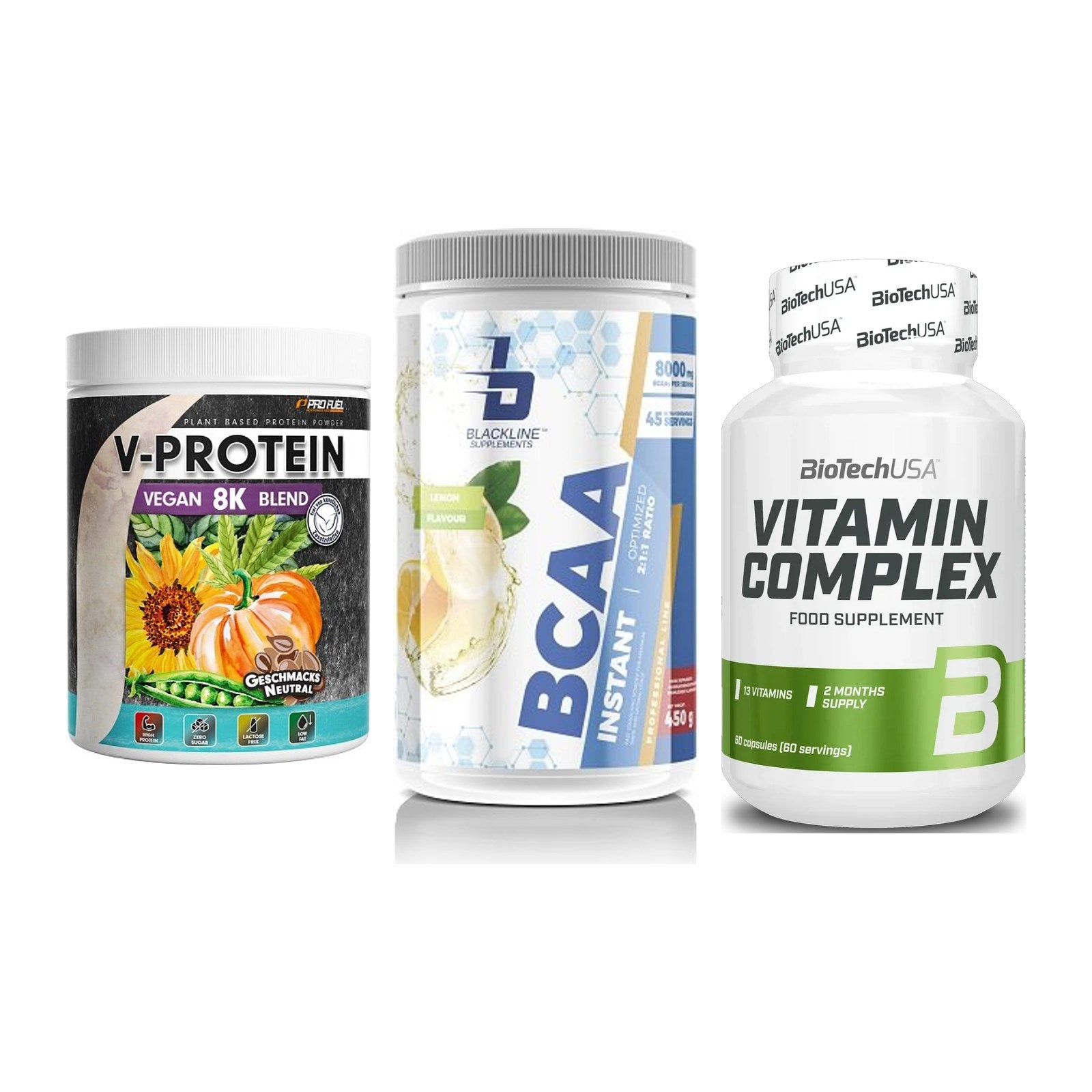 Pflanzliches Set: ProFuel V-Prote + Blackline + BioTech Vitamin – alle enthaltenen Artikel