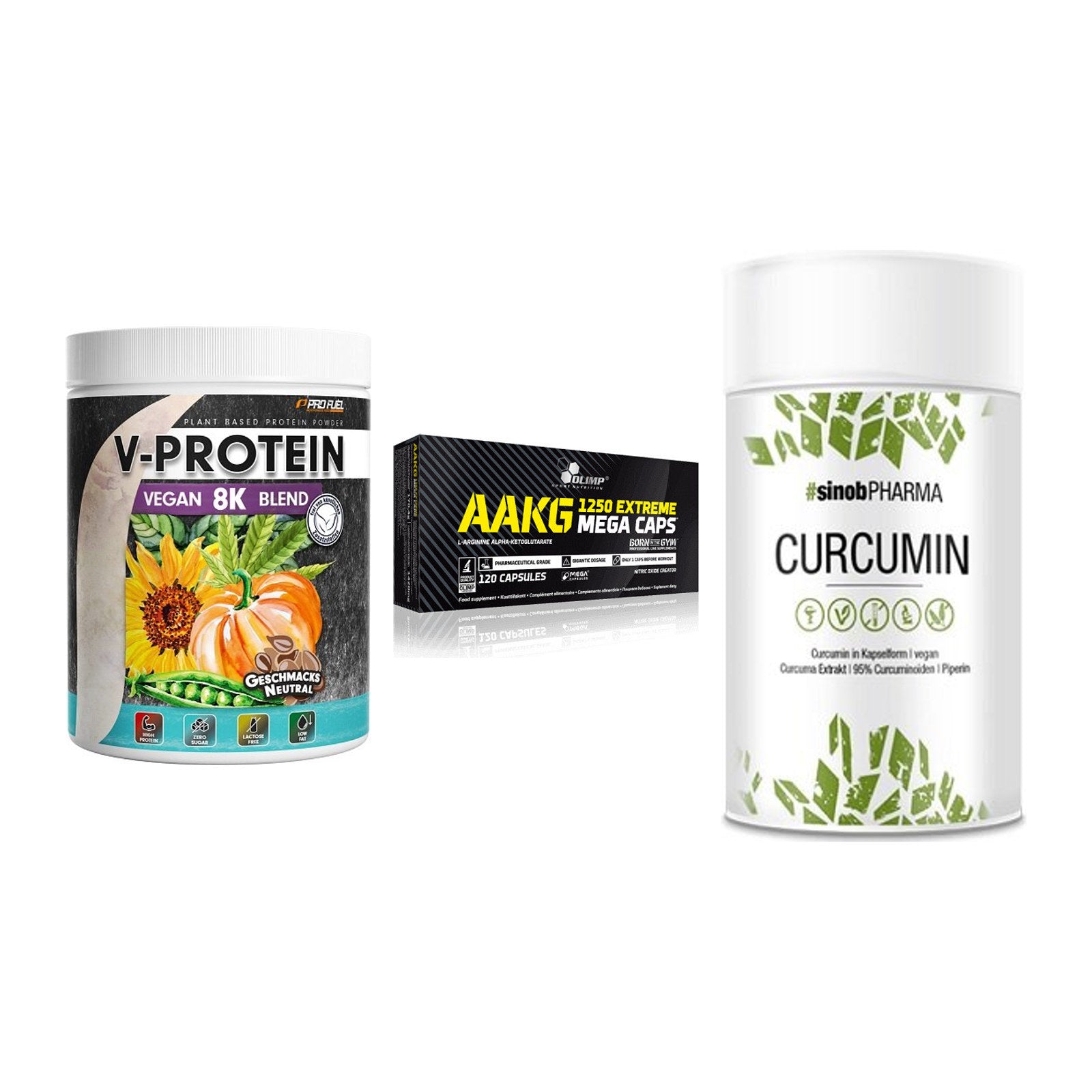 Pflanzliches Set: ProFuel V-Prote + Olimp AAKG + Sinob Curcumin – alle enthaltenen Artikel