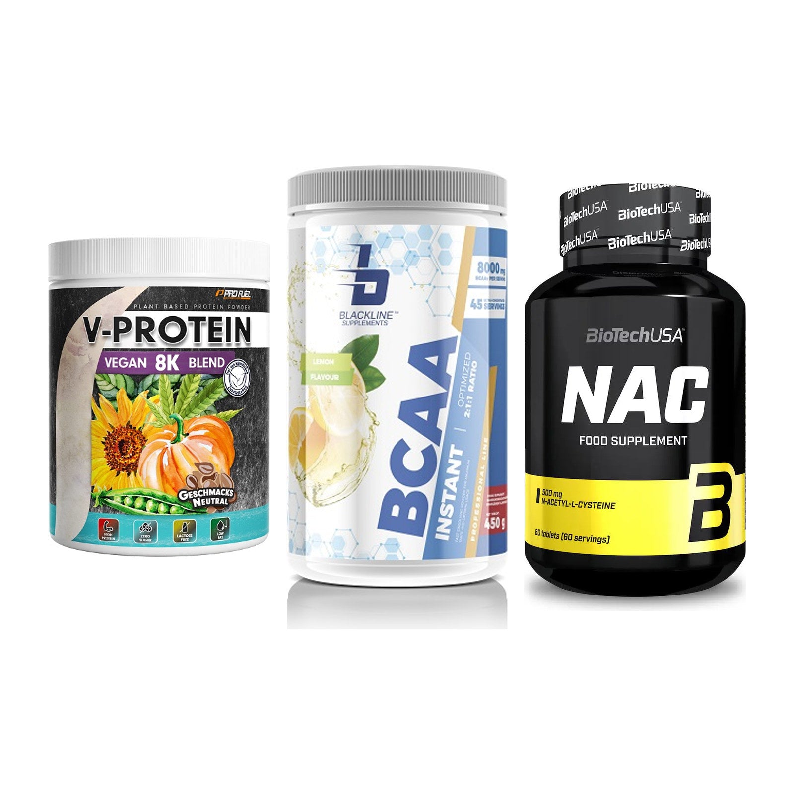 Pflanzliches Set: ProFuel V-Prote + Blackline + BioTech NAC – alle enthaltenen Artikel