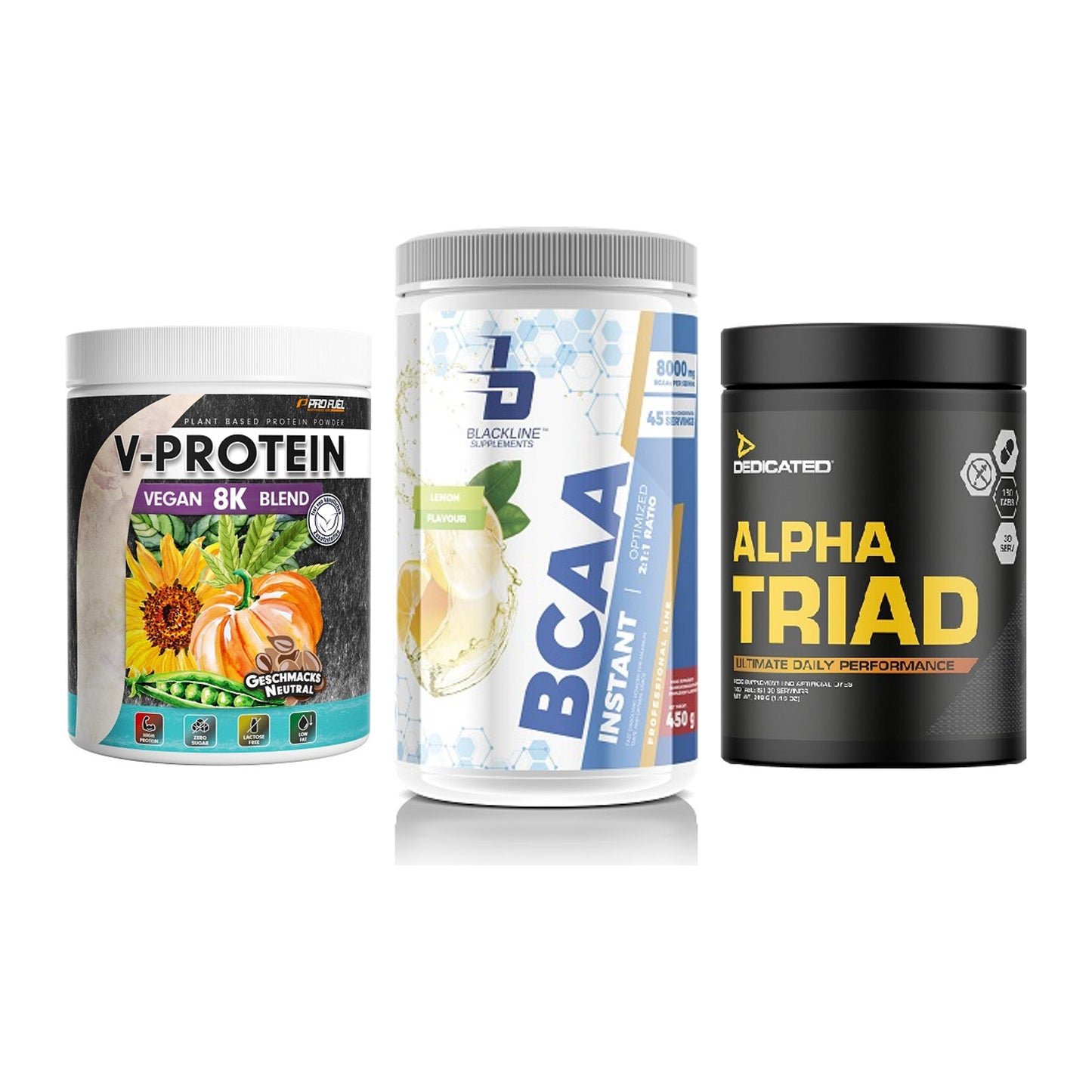 Pflanzliches Set: ProFuel V-Prote + Blackline + Dedicated Alpha – alle enthaltenen Artikel