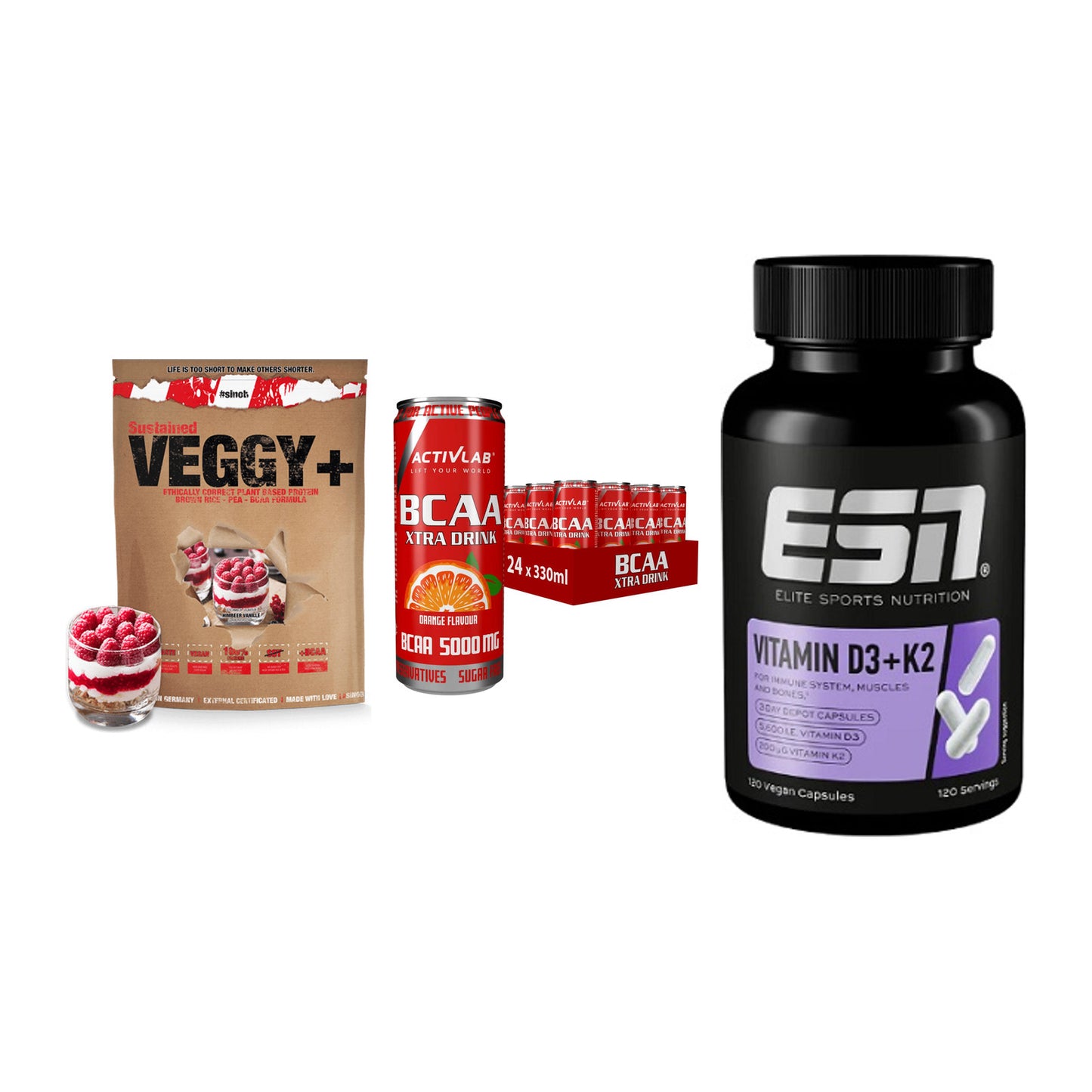 Pflanzliches Set: Sinob VEGGY + Activlab BCAA + ESN Vitamin D3 – alle enthaltenen Artikel