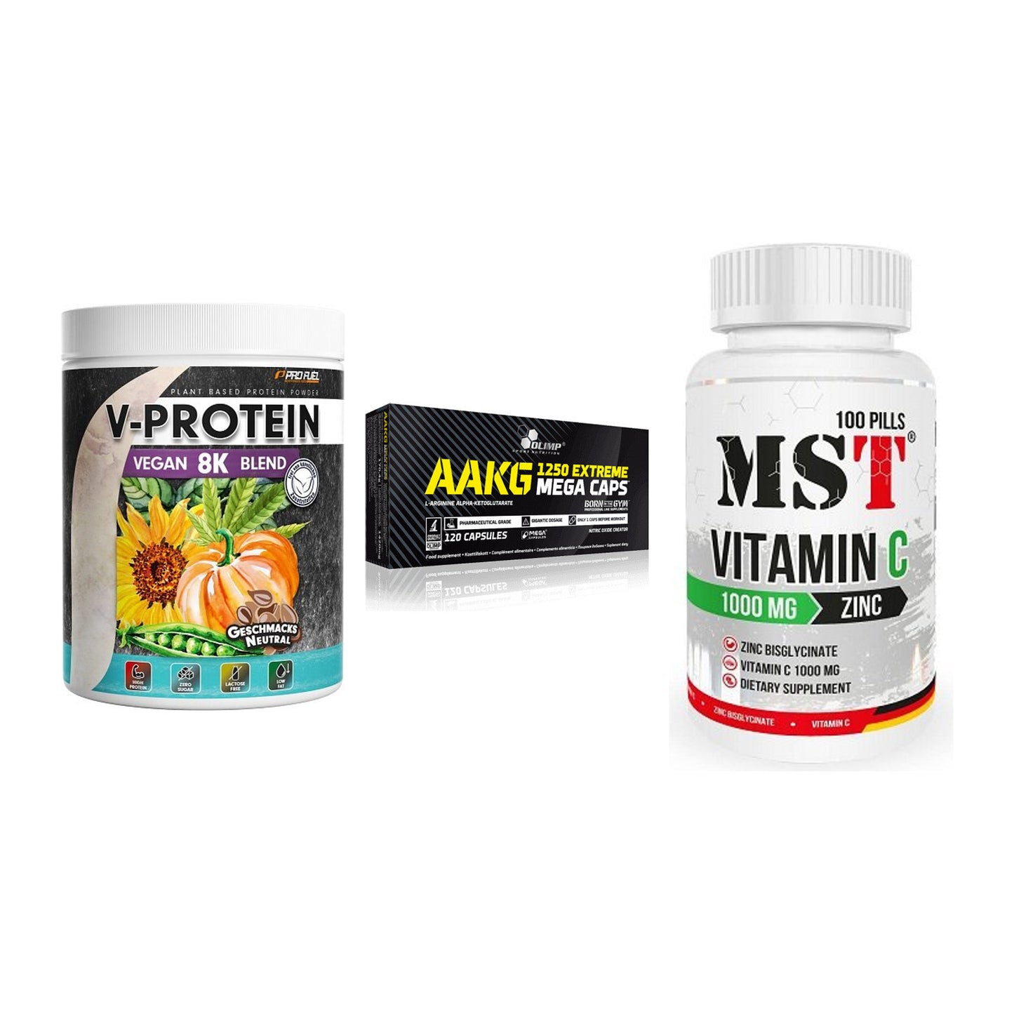 Pflanzliches Set: ProFuel V-Prote + Olimp AAKG + MST Vitamin C – alle enthaltenen Artikel