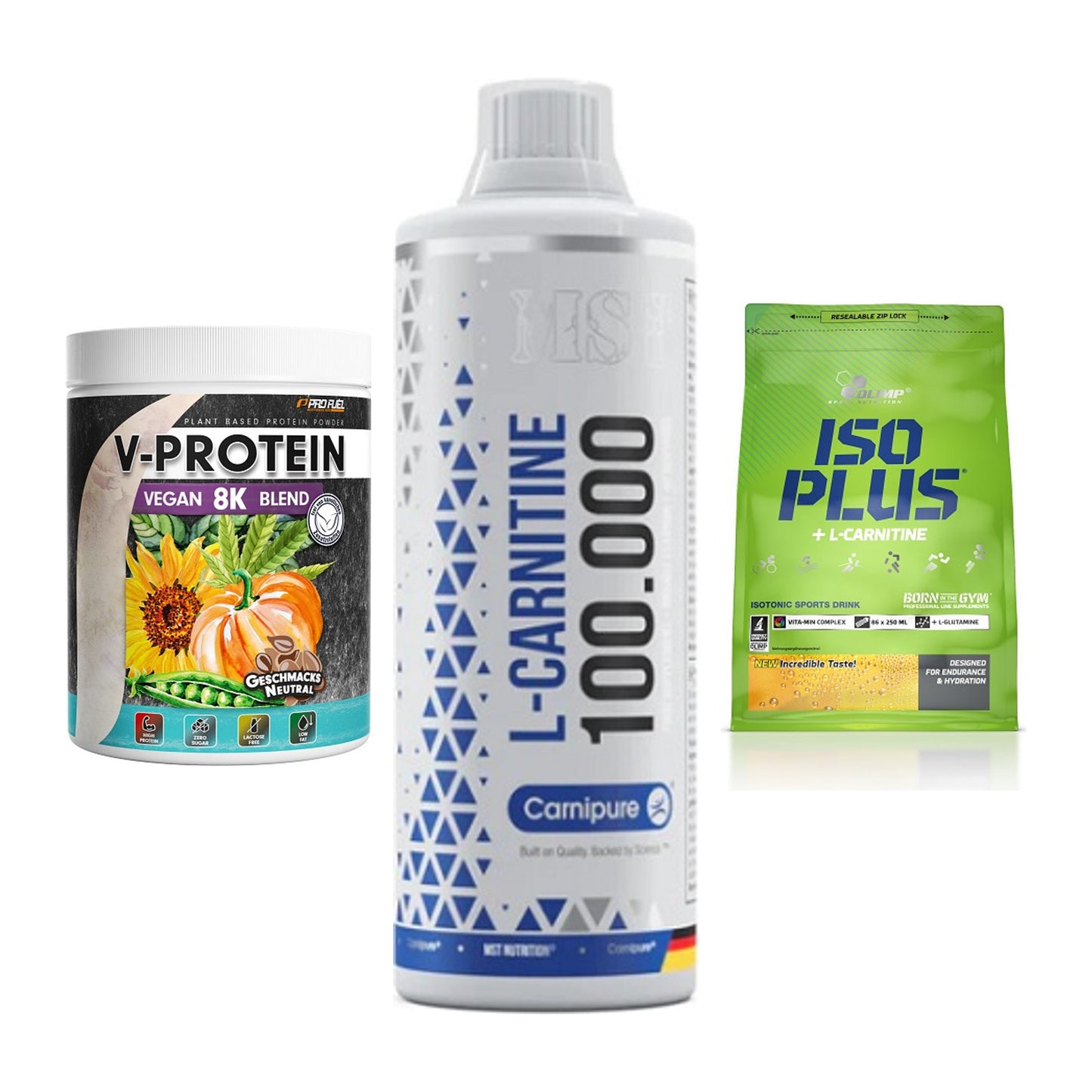 Pflanzliches Set: ProFuel V-Prote + MST L-Carnitine + Olimp Iso Plus – alle enthaltenen Artikel
