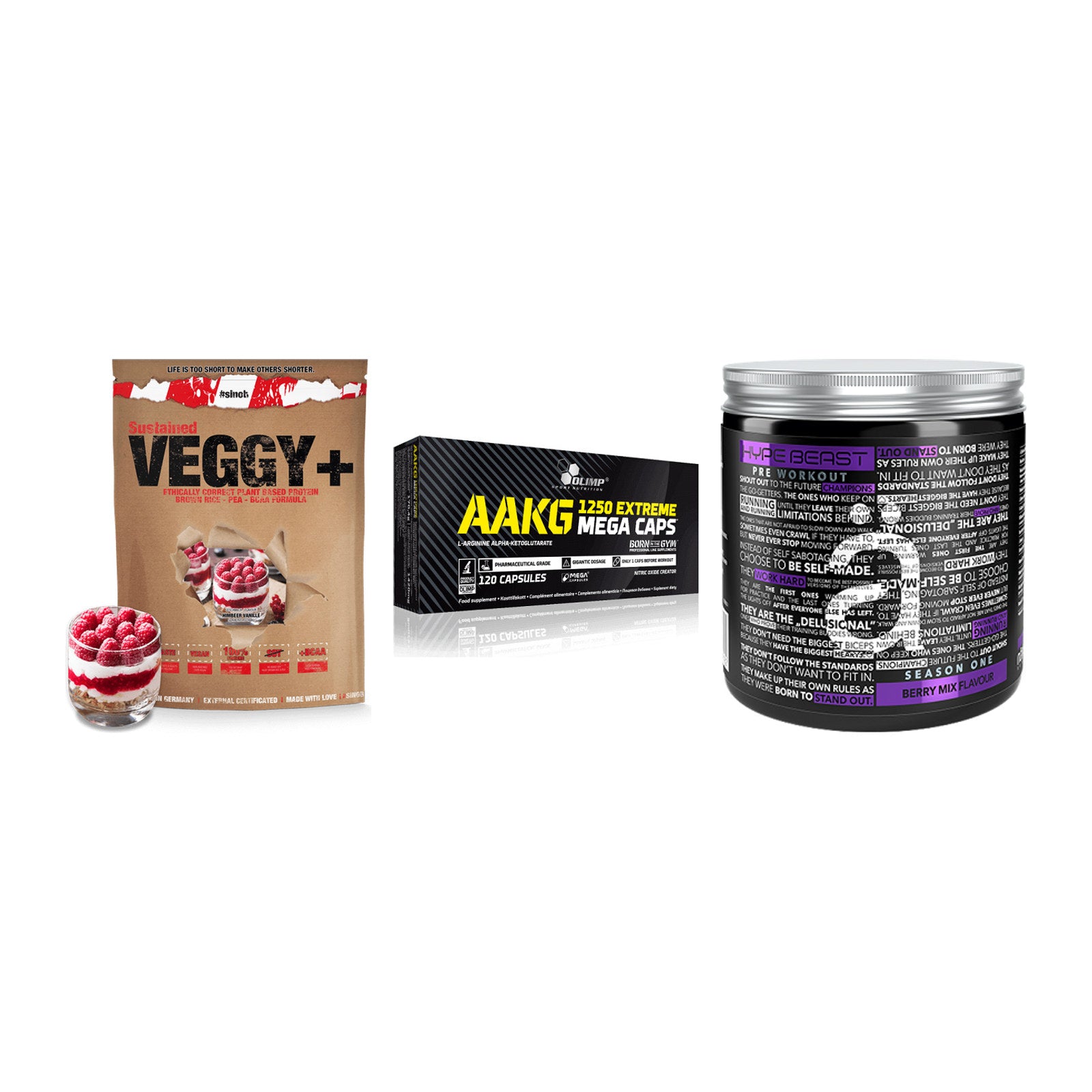 Pflanzliches Set: Sinob VEGGY + Olimp AAKG + Nanosupps Hype – alle enthaltenen Artikel
