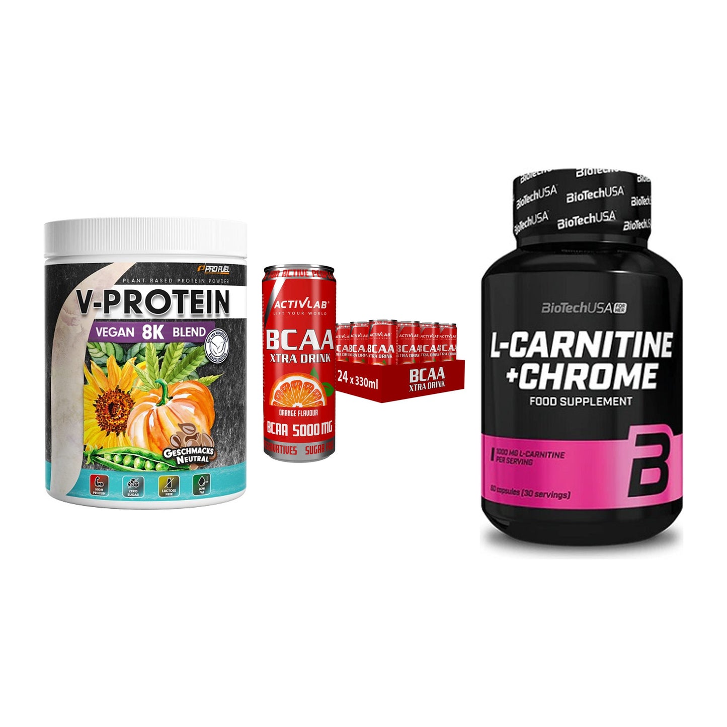 Pflanzliches Set: ProFuel V-Prote + Activlab BCAA + BioTech L-Carni – alle enthaltenen Artikel