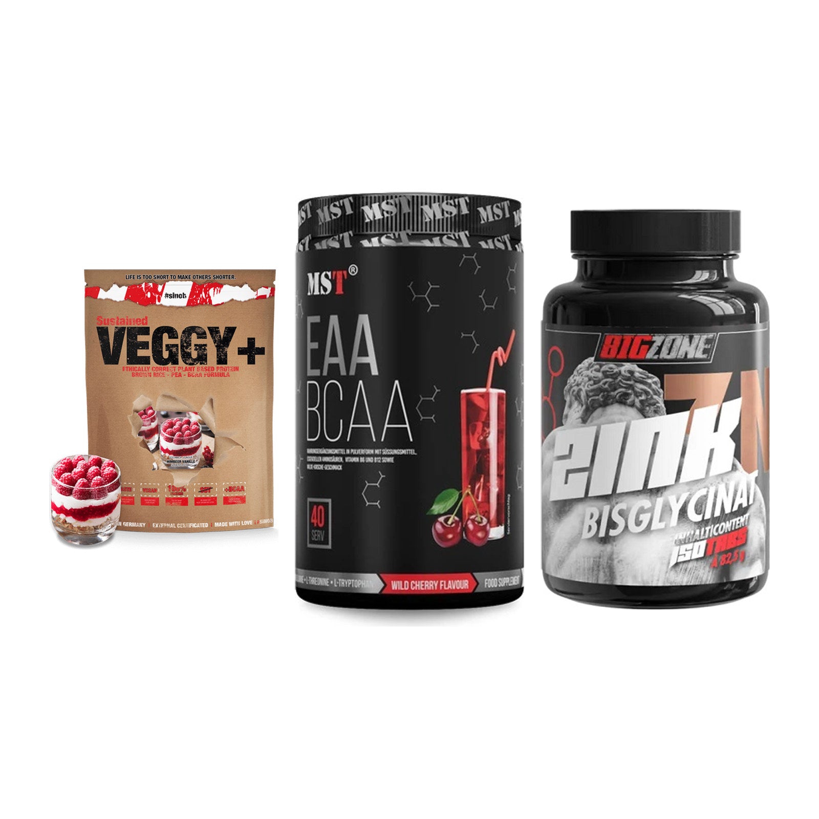 Pflanzliches Set: Sinob VEGGY + MST EAA & BCAA + Big Zone Zink – alle enthaltenen Artikel