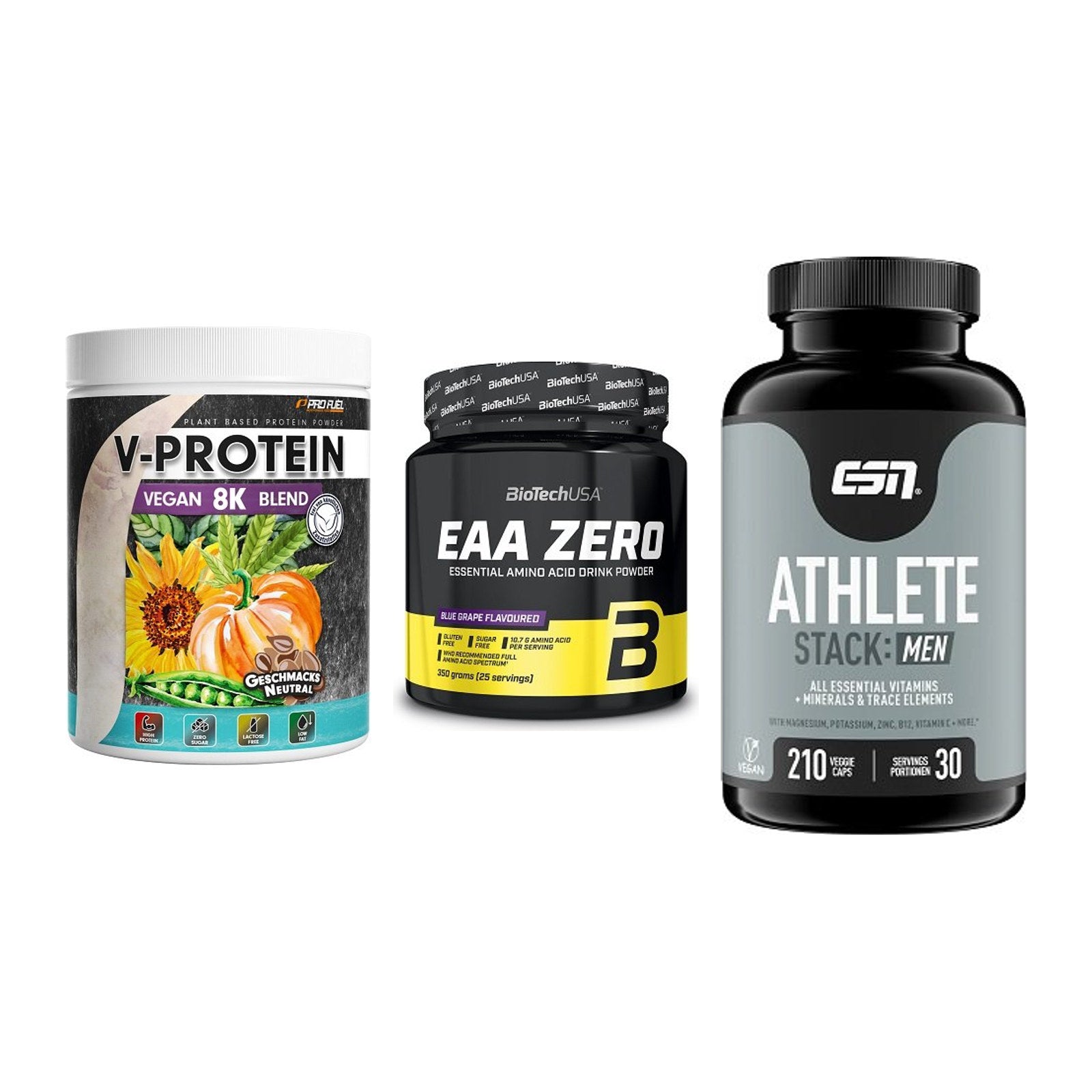 Pflanzliches Set: ProFuel V-Prote + BioTech EAA + ESN Athlete – alle enthaltenen Artikel
