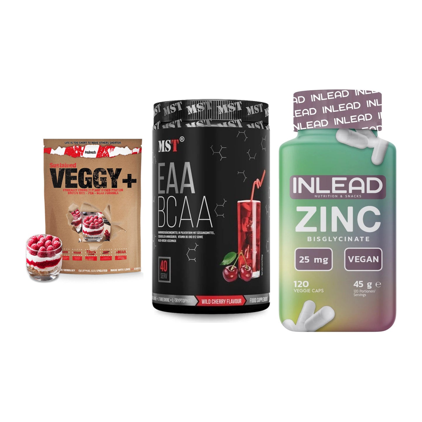 Pflanzliches Set: Sinob VEGGY + MST EAA & BCAA + INLEAD Zink – alle enthaltenen Artikel