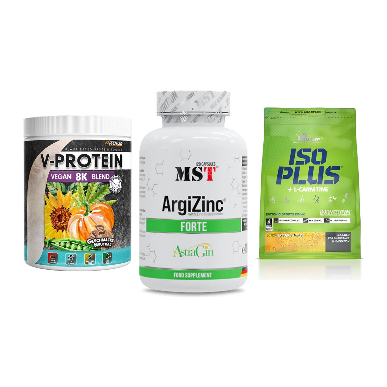 Pflanzliches Set: ProFuel V-Prote + MST ArgiZinc + Olimp Iso Plus – alle enthaltenen Artikel