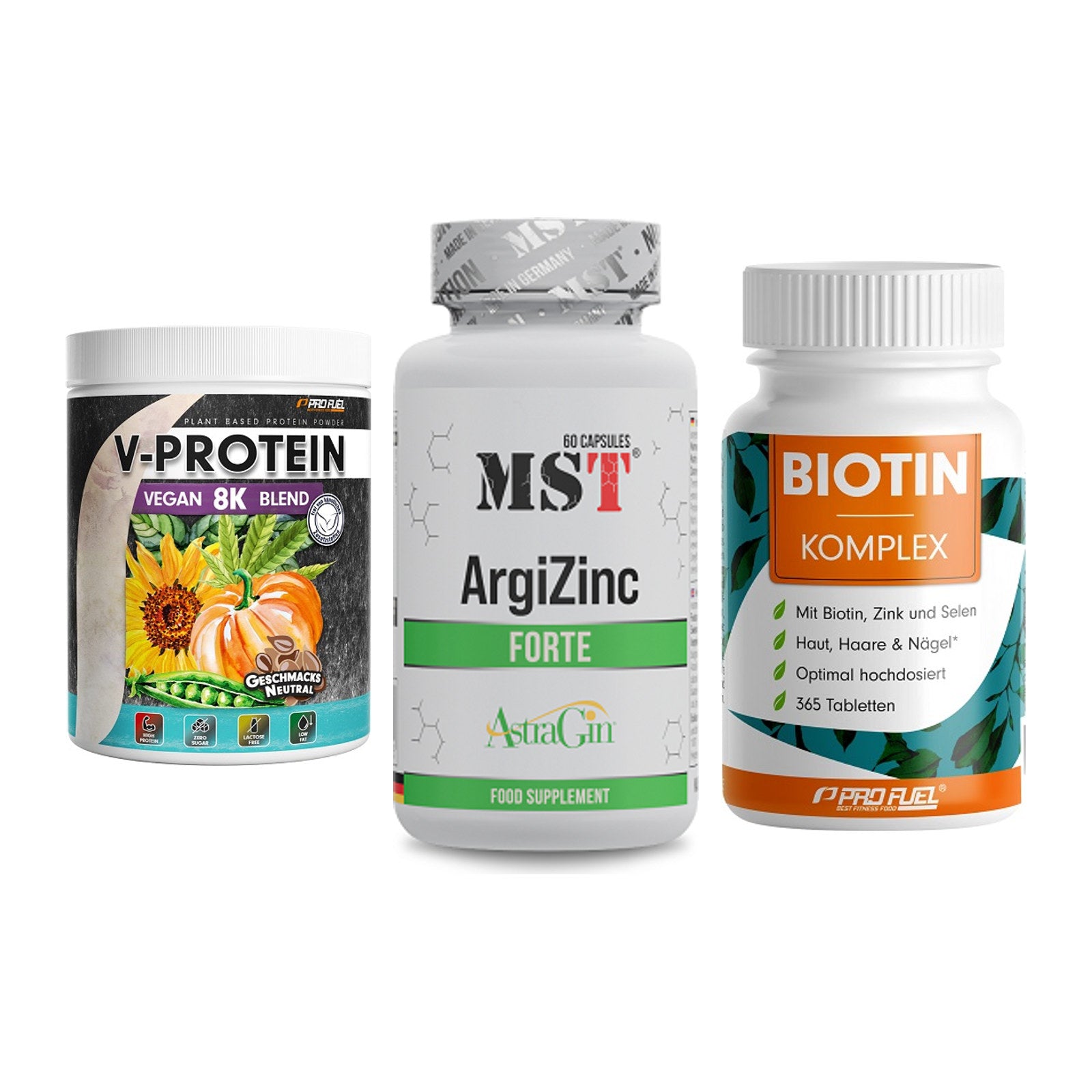 Pflanzliches Set: ProFuel V-Prote + MST ArgiZinc + ProFuel BIOTIN – alle enthaltenen Artikel