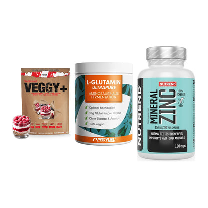 Pflanzliches Set: Sinob VEGGY + ProFuel Glutami + Nutrend Zinc – alle enthaltenen Artikel