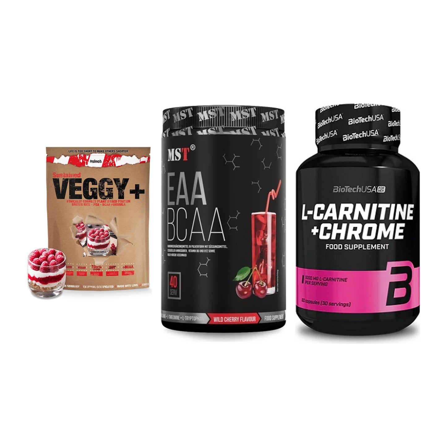 Pflanzliches Set: Sinob VEGGY + MST EAA & BCAA + BioTech L-Carni – alle enthaltenen Artikel