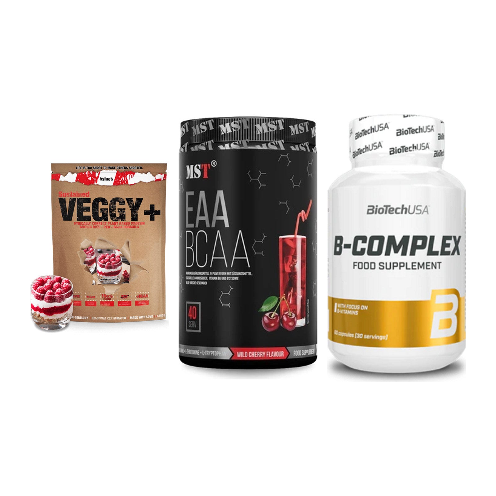 Pflanzliches Set: Sinob VEGGY + MST EAA & BCAA + BioTech B – alle enthaltenen Artikel