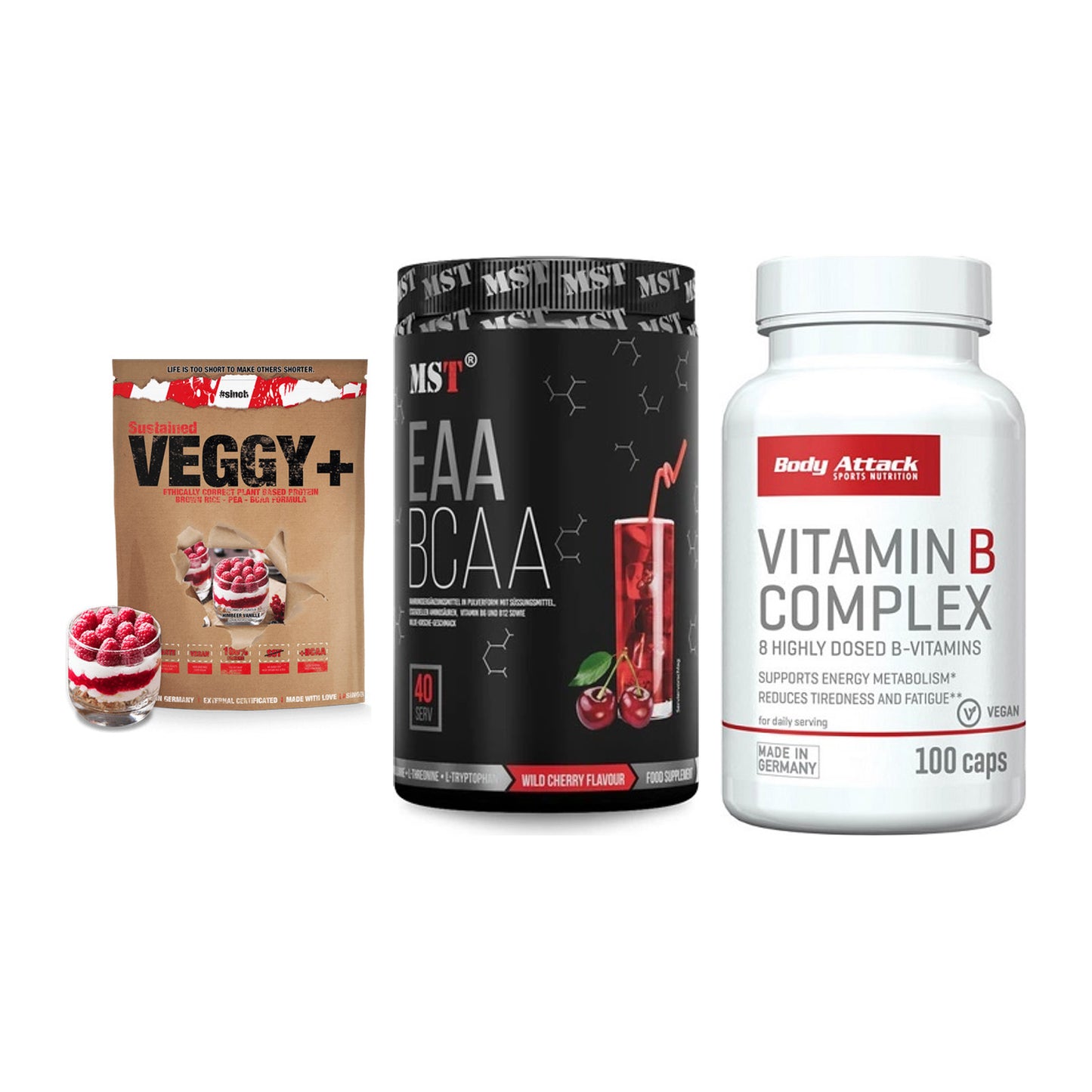 Pflanzliches Set: Sinob VEGGY + MST EAA & BCAA + Body Attack – alle enthaltenen Artikel