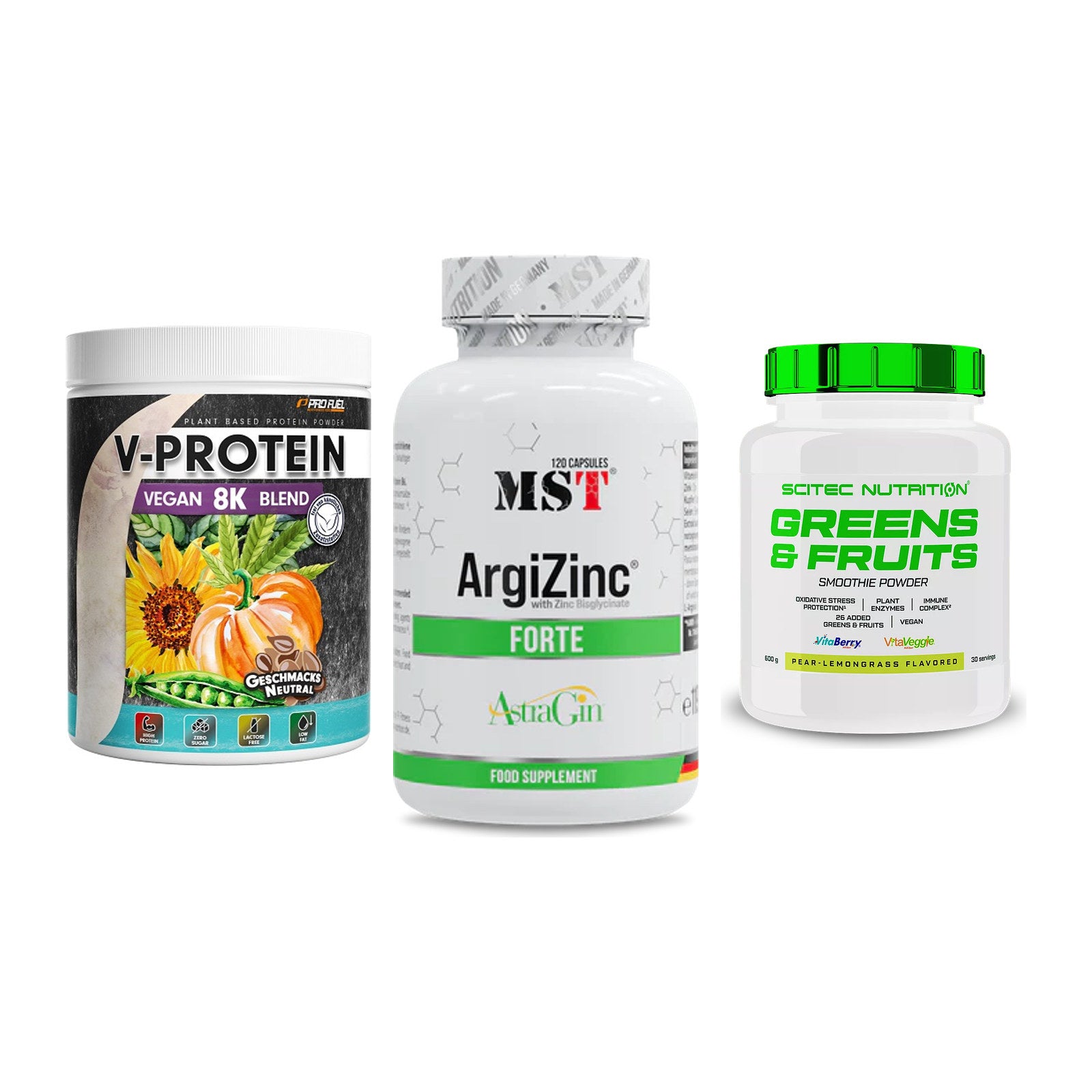 Pflanzliches Set: ProFuel V-Prote + MST ArgiZinc + Scitec Greens – alle enthaltenen Artikel