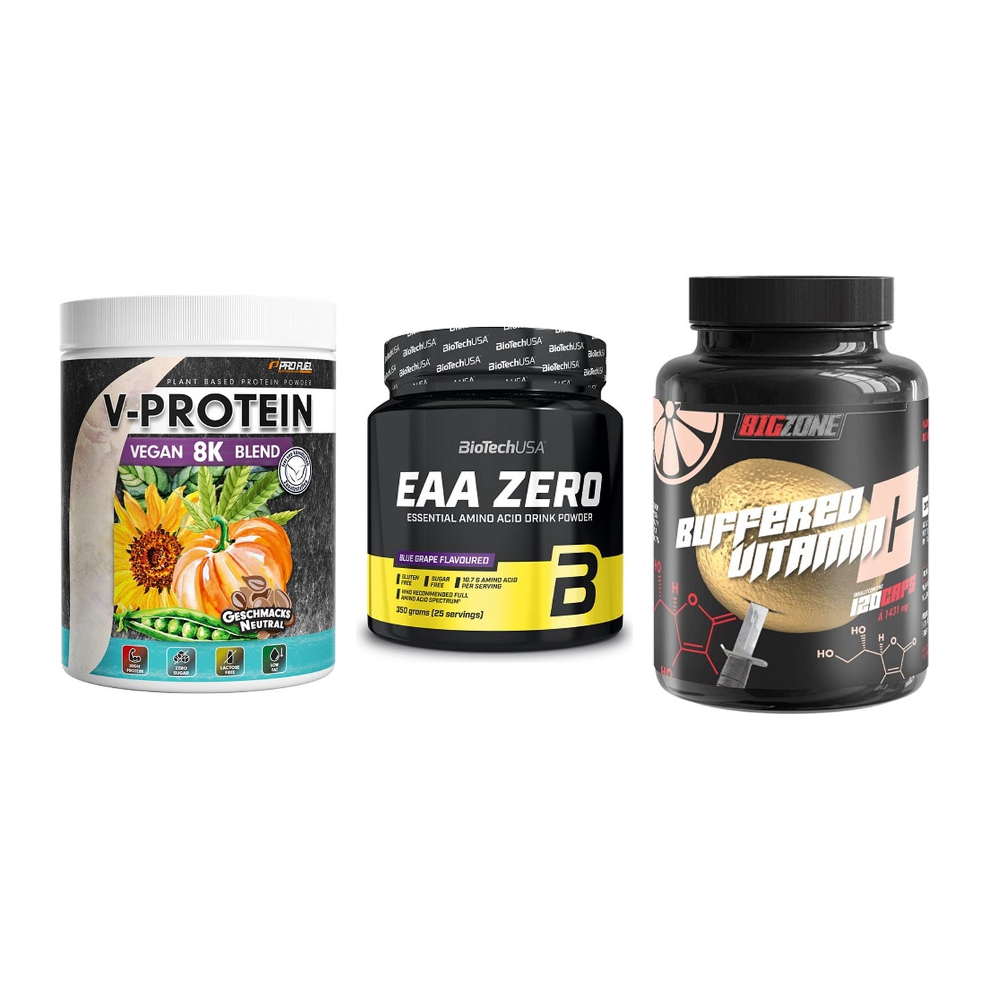 Pflanzliches Set: ProFuel V-Prote + BioTech EAA + Big Zone – alle enthaltenen Artikel