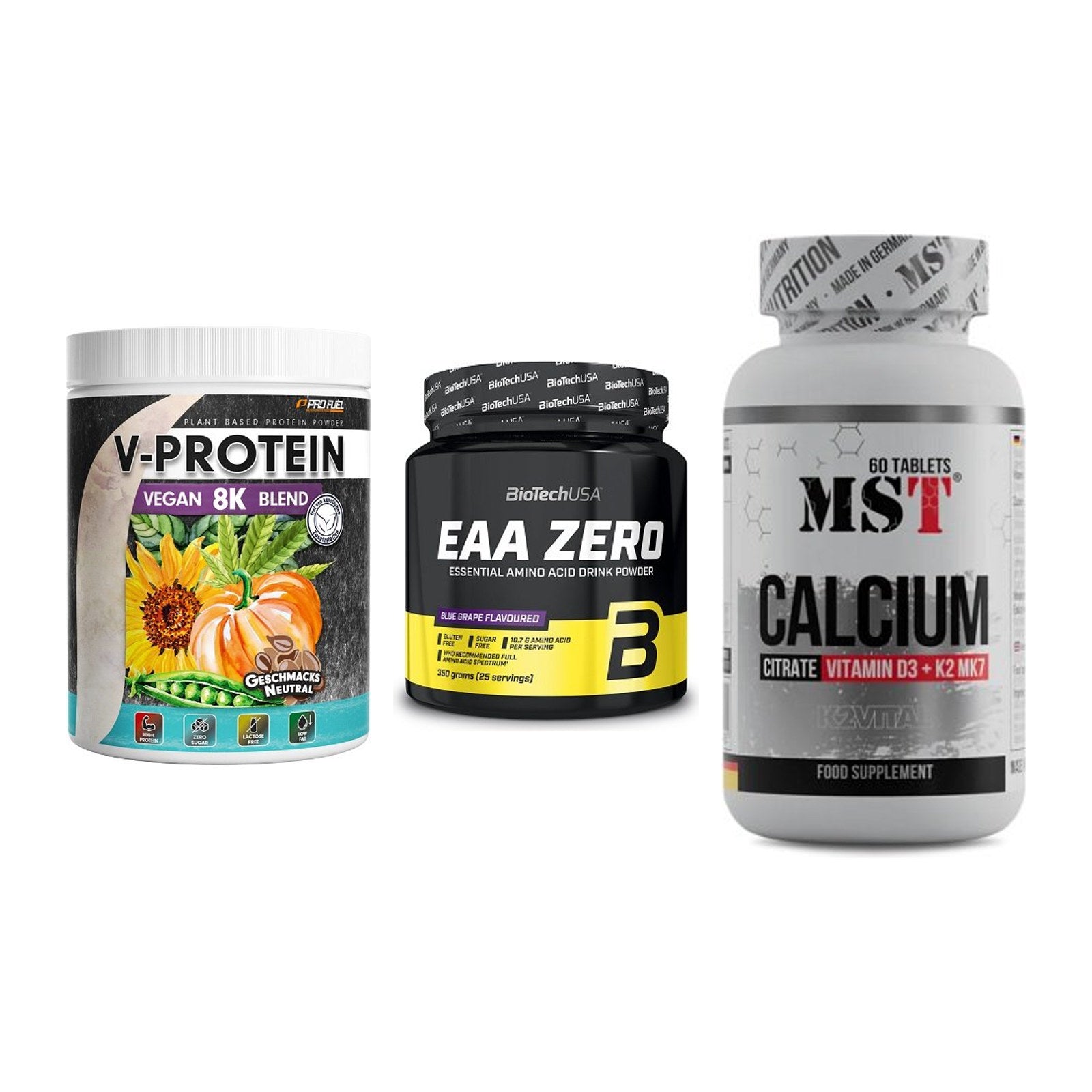 Pflanzliches Set: ProFuel V-Prote + BioTech EAA + MST Calcium – alle enthaltenen Artikel