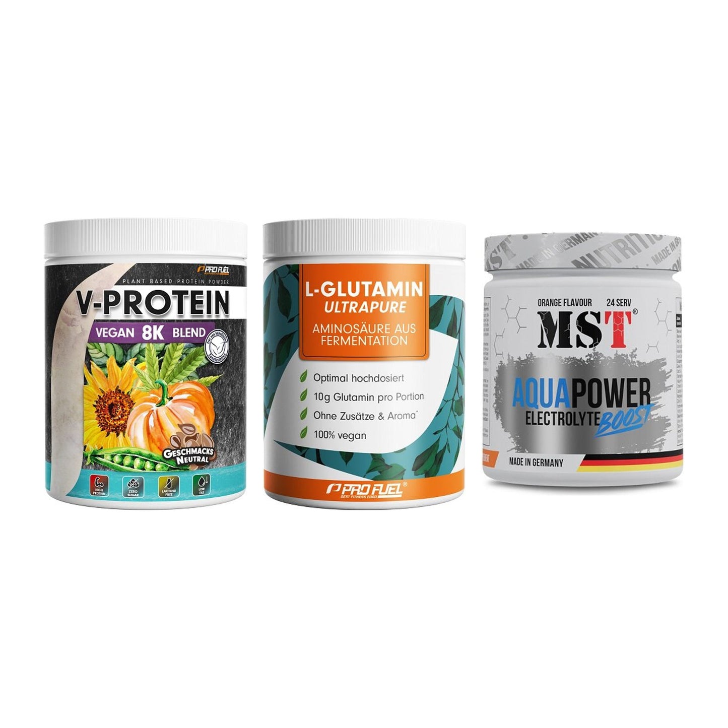 Pflanzliches Set: ProFuel V-Prote + ProFuel Glutami + MST Aqua Power – alle enthaltenen Artikel