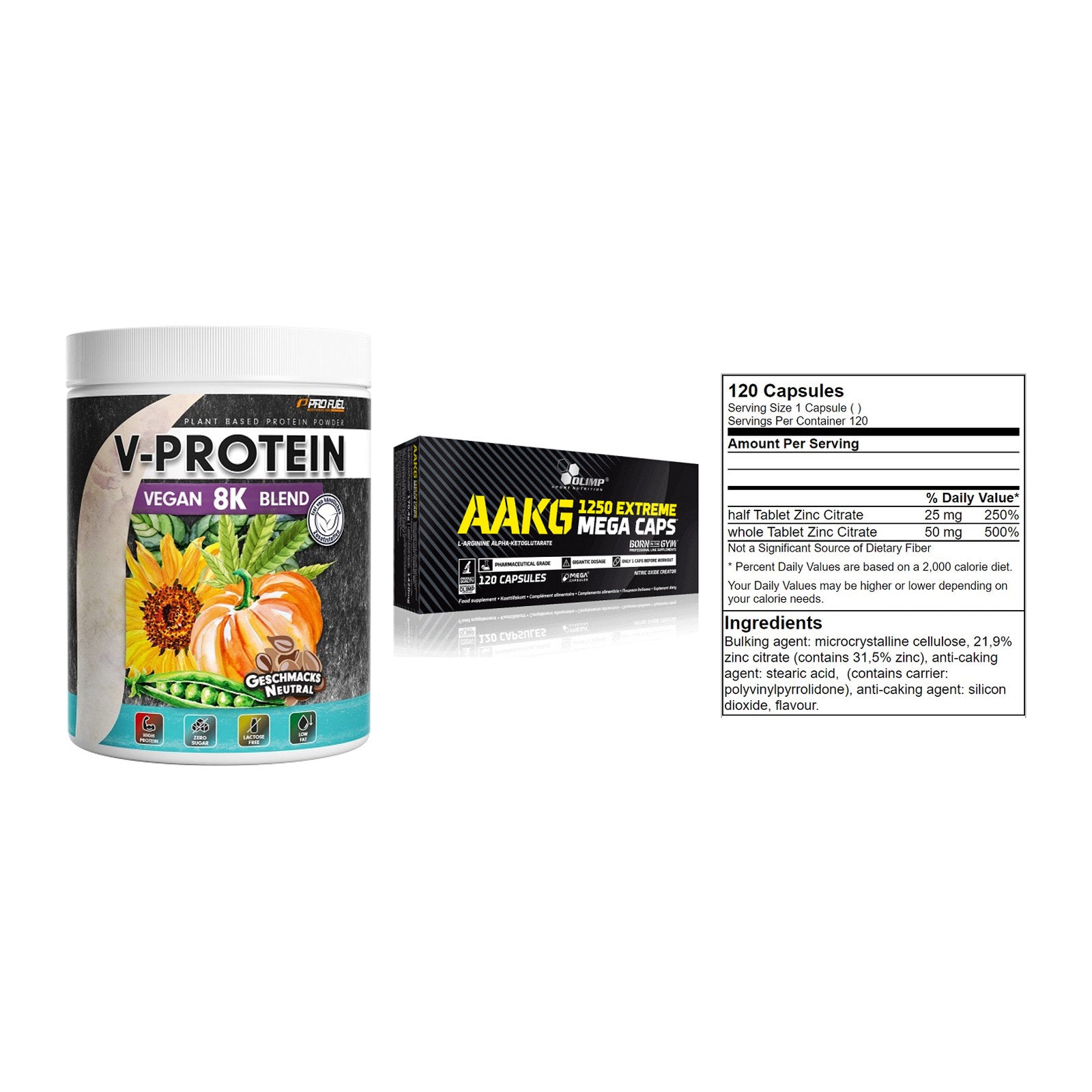 Pflanzliches Set: ProFuel V-Prote + Olimp AAKG + GN Zinc Citrate – alle enthaltenen Artikel