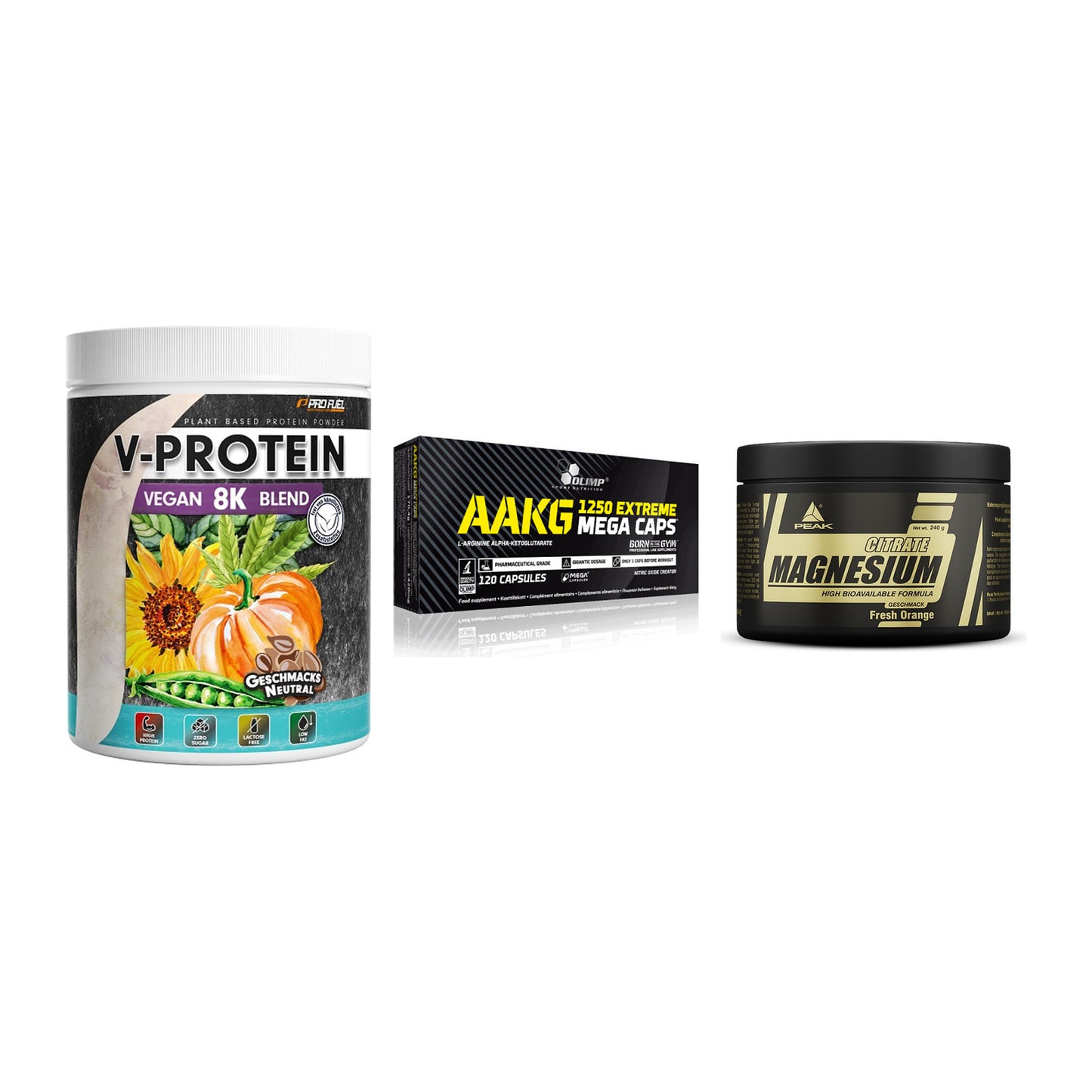 Pflanzliches Set: ProFuel V-Prote + Olimp AAKG + Peak Magnesium – alle enthaltenen Artikel