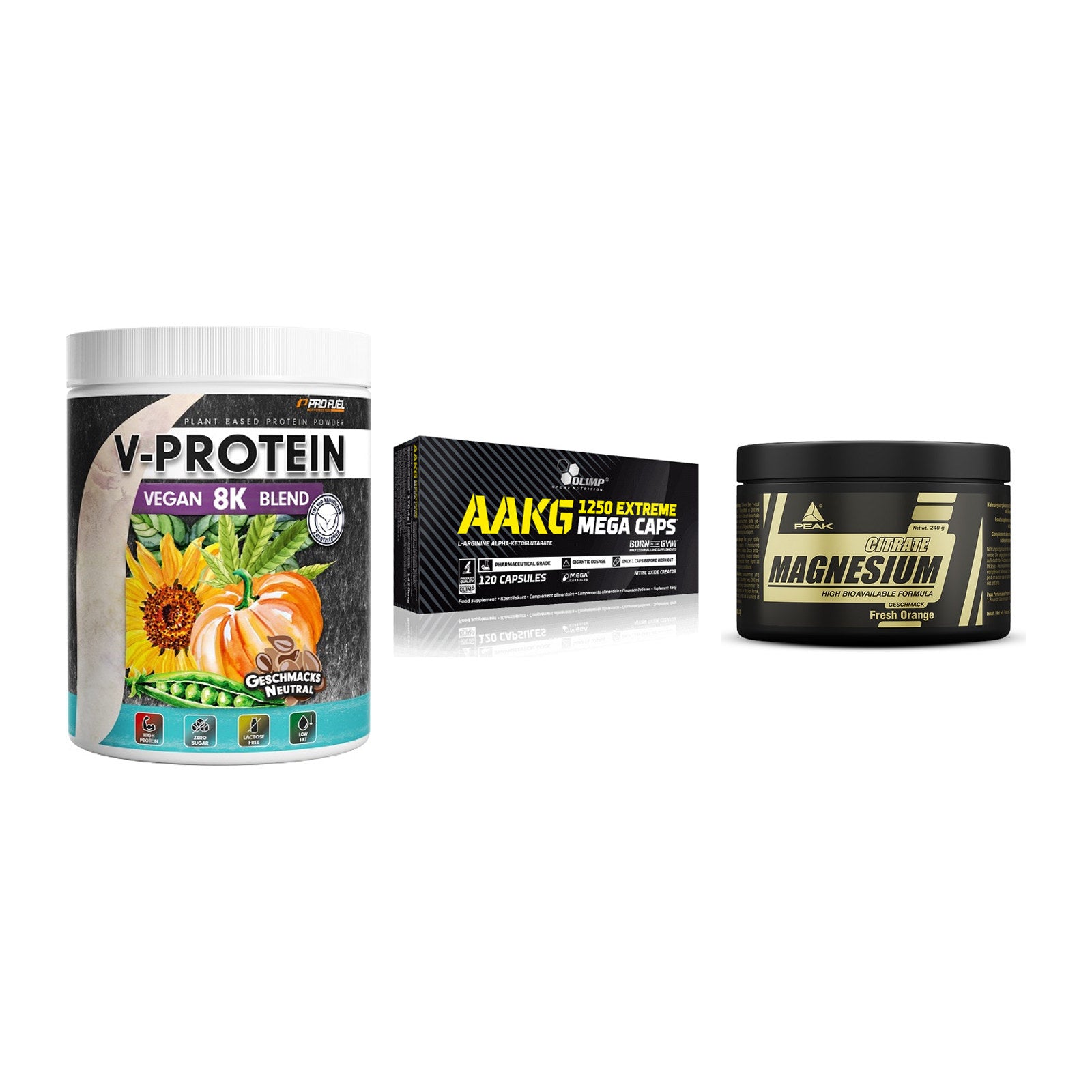 Pflanzliches Set: ProFuel V-Prote + Olimp AAKG + Peak Magnesium – alle enthaltenen Artikel