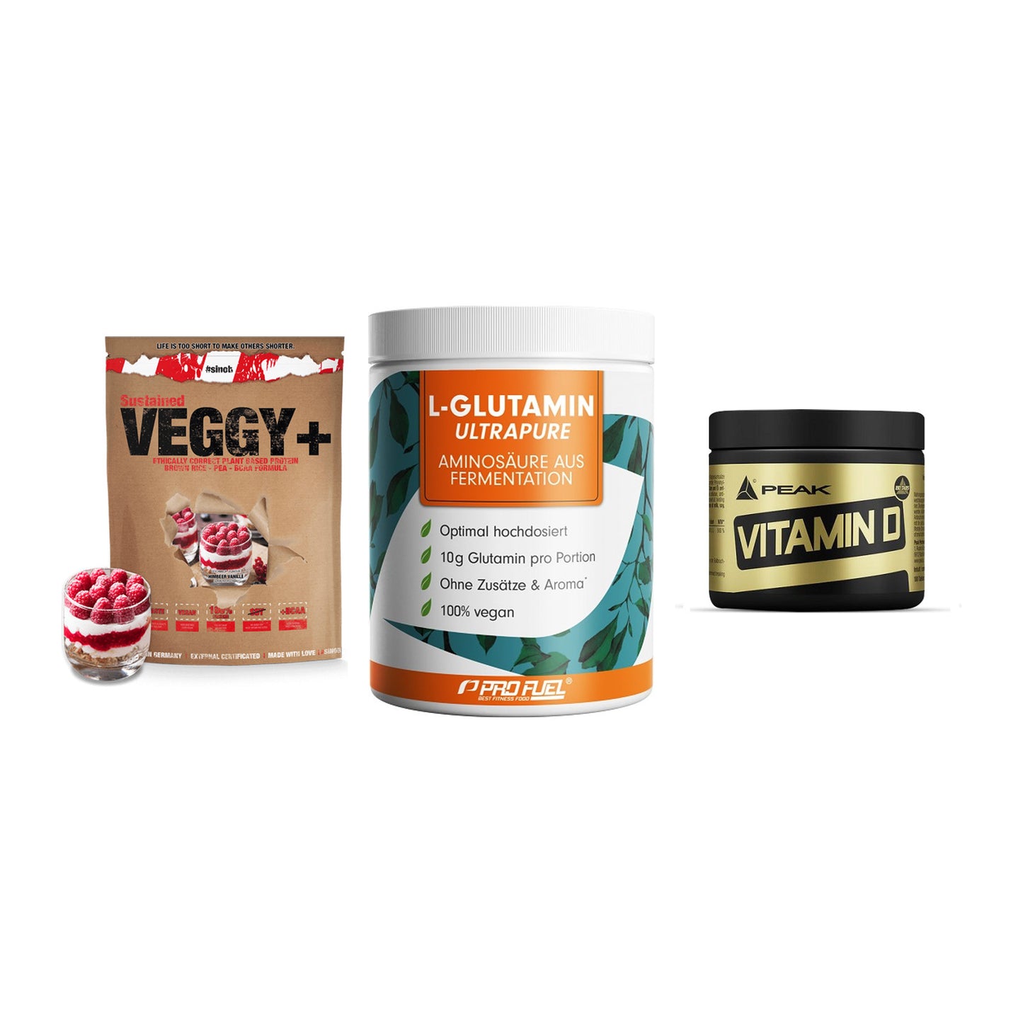 Pflanzliches Set: Sinob VEGGY + ProFuel Glutami + Peak Vitamin D – alle enthaltenen Artikel