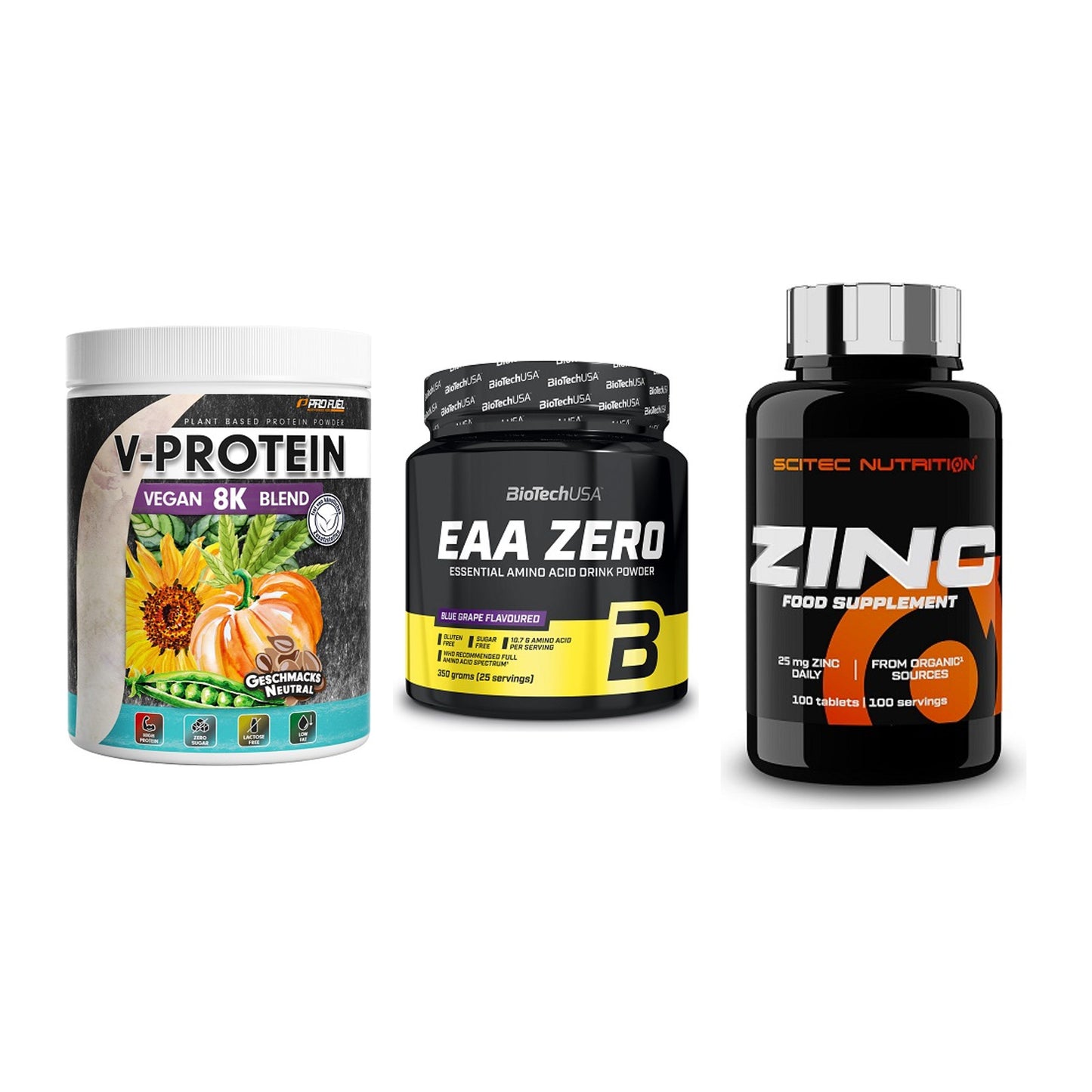 Pflanzliches Set: ProFuel V-Prote + BioTech EAA + Scitec Zinc – alle enthaltenen Artikel