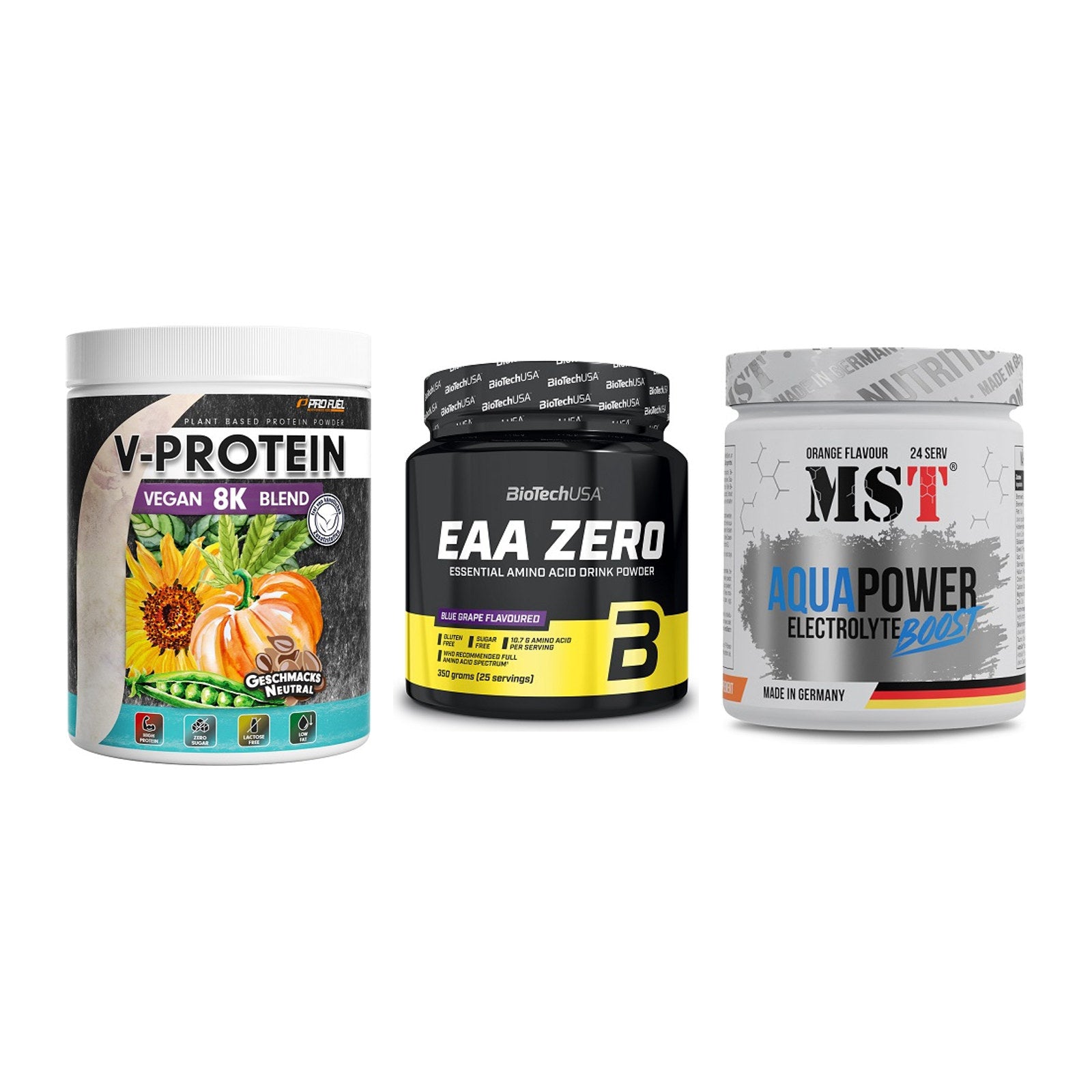 Pflanzliches Set: ProFuel V-Prote + BioTech EAA + MST Aqua Power – alle enthaltenen Artikel