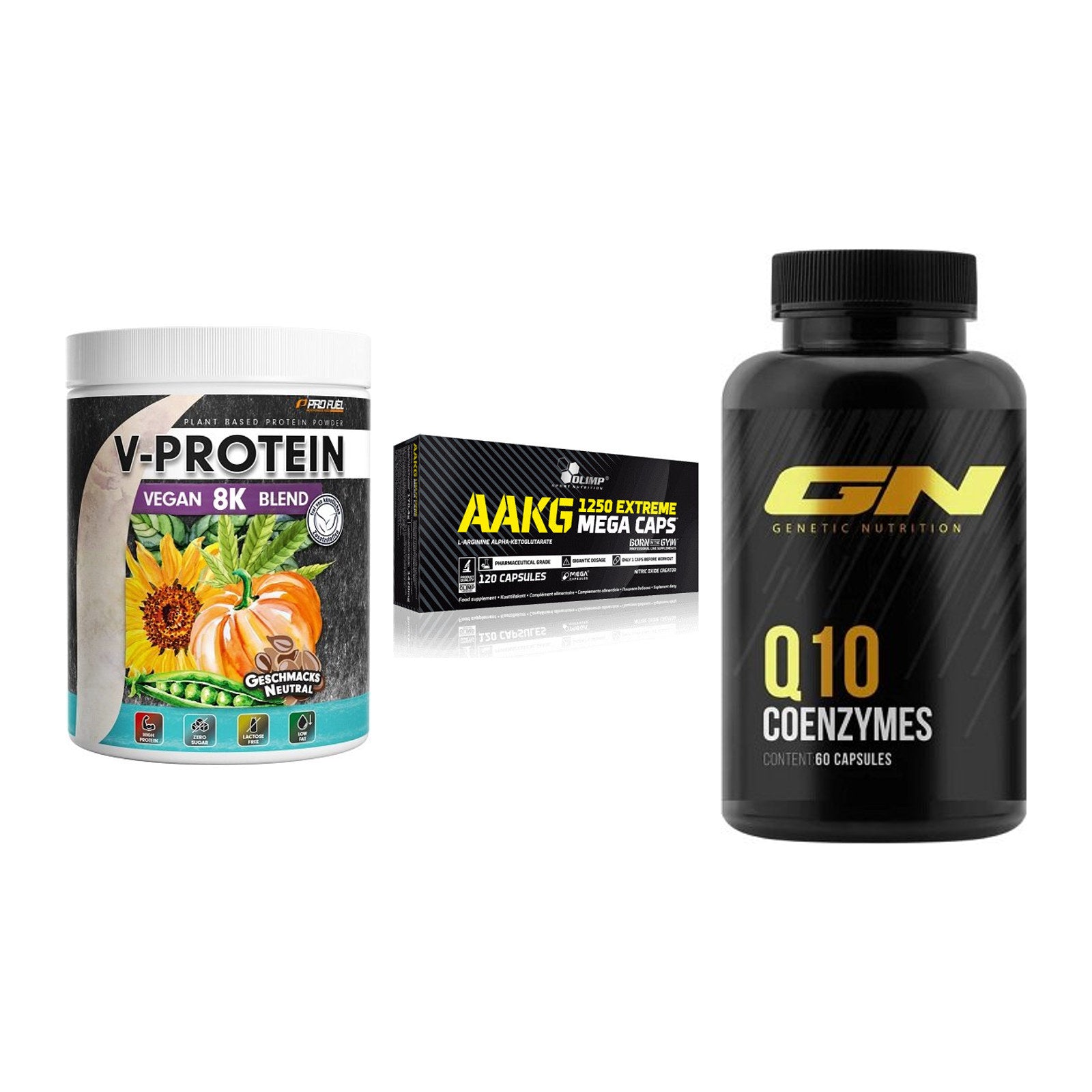 Pflanzliches Set: ProFuel V-Prote + Olimp AAKG + GN Q10 Health – alle enthaltenen Artikel