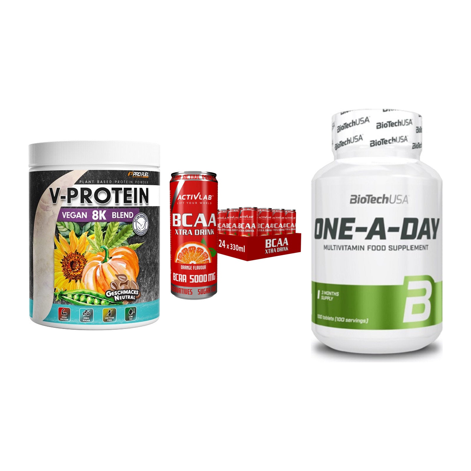 Pflanzliches Set: ProFuel V-Prote + Activlab BCAA + BioTech One A – alle enthaltenen Artikel