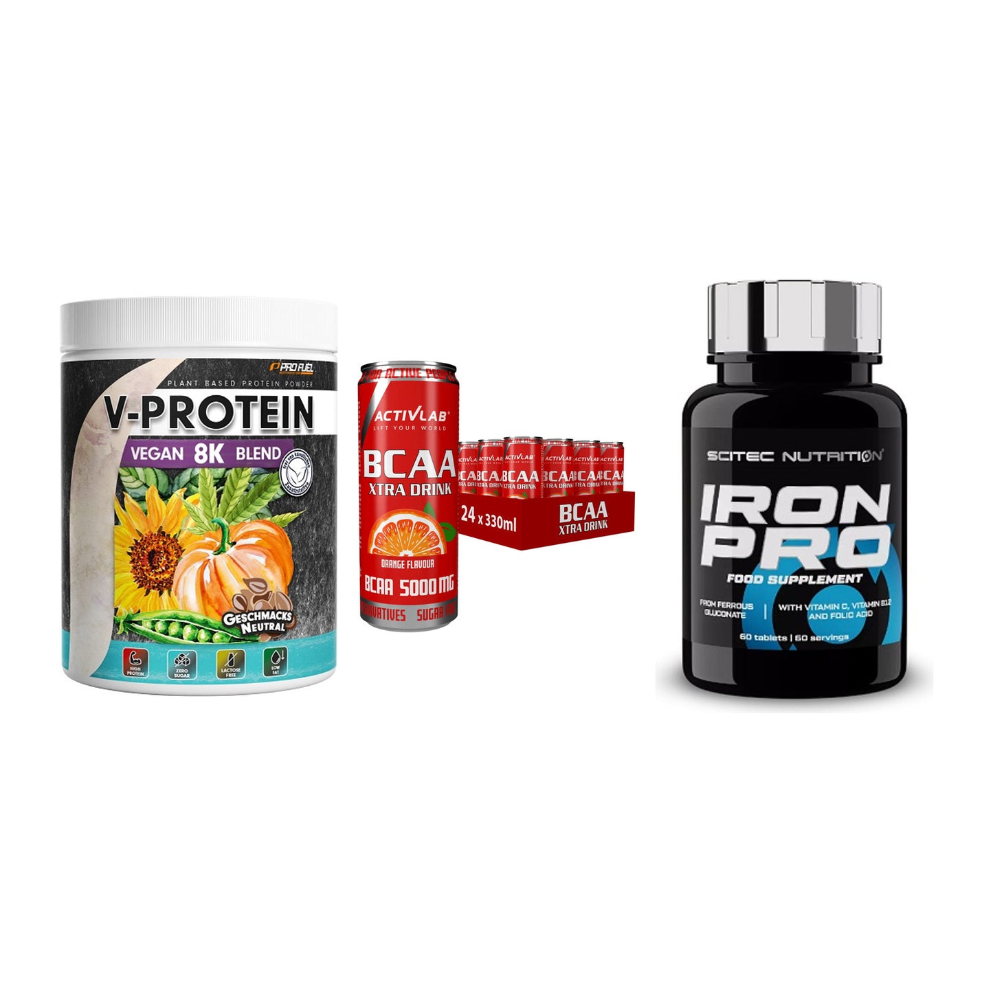 Pflanzliches Set: ProFuel V-Prote + Activlab BCAA + Scitec Iron Pro – alle enthaltenen Artikel