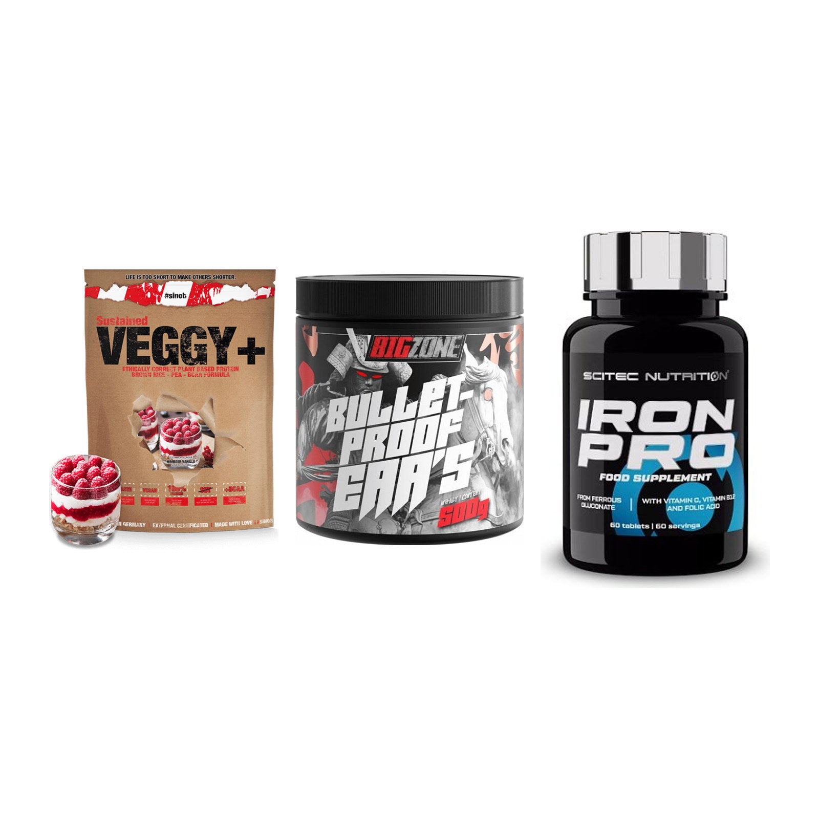 Pflanzliches Set: Sinob VEGGY + Big Zone + Scitec Iron Pro – alle enthaltenen Artikel