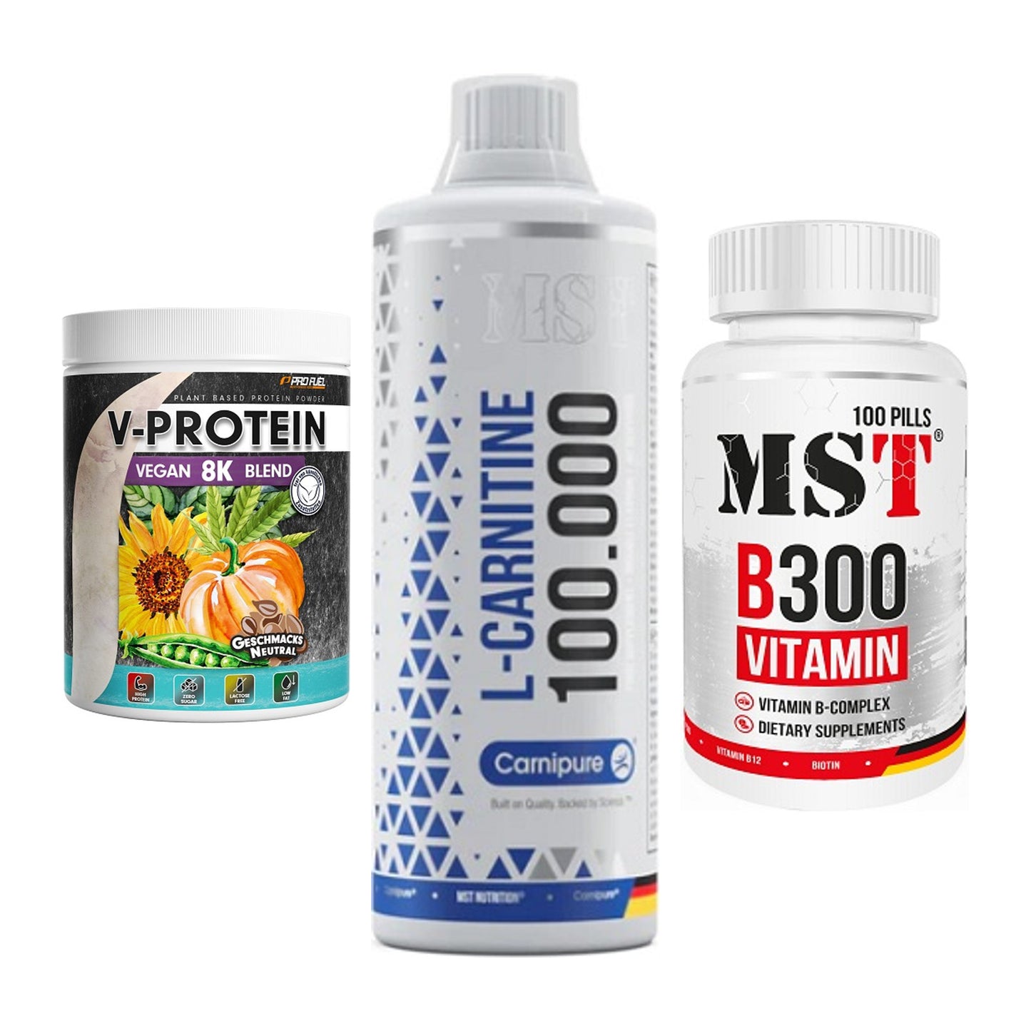 Pflanzliches Set: ProFuel V-Prote + MST L-Carnitine + MST B300 – alle enthaltenen Artikel