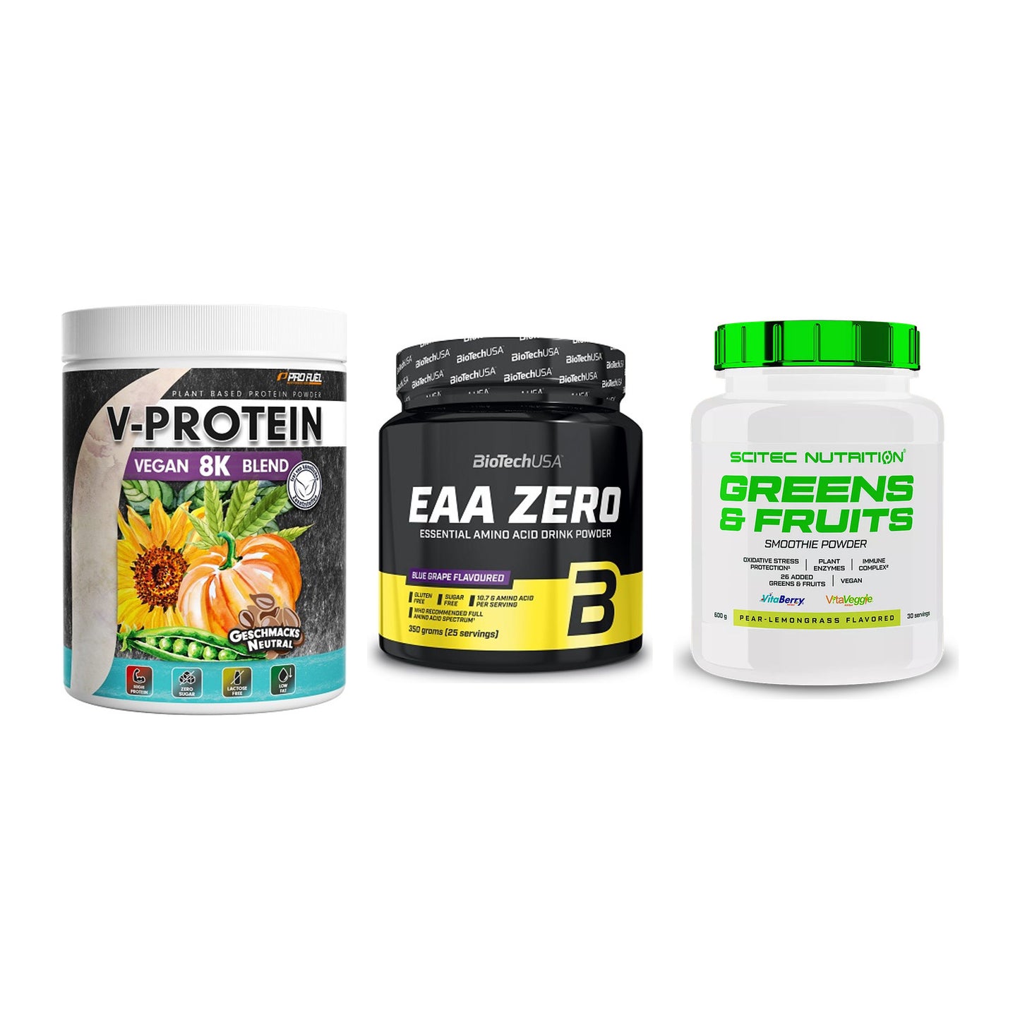Pflanzliches Set: ProFuel V-Prote + BioTech EAA + Scitec Greens – alle enthaltenen Artikel