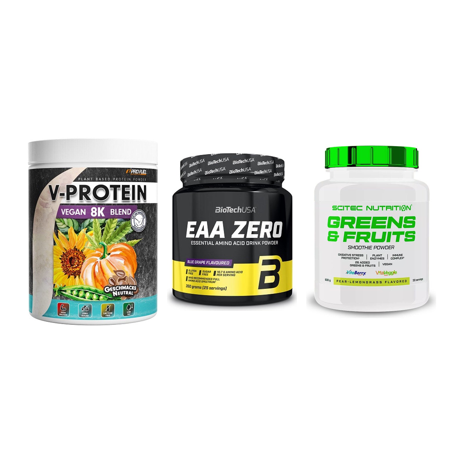 Pflanzliches Set: ProFuel V-Prote + BioTech EAA + Scitec Greens – alle enthaltenen Artikel