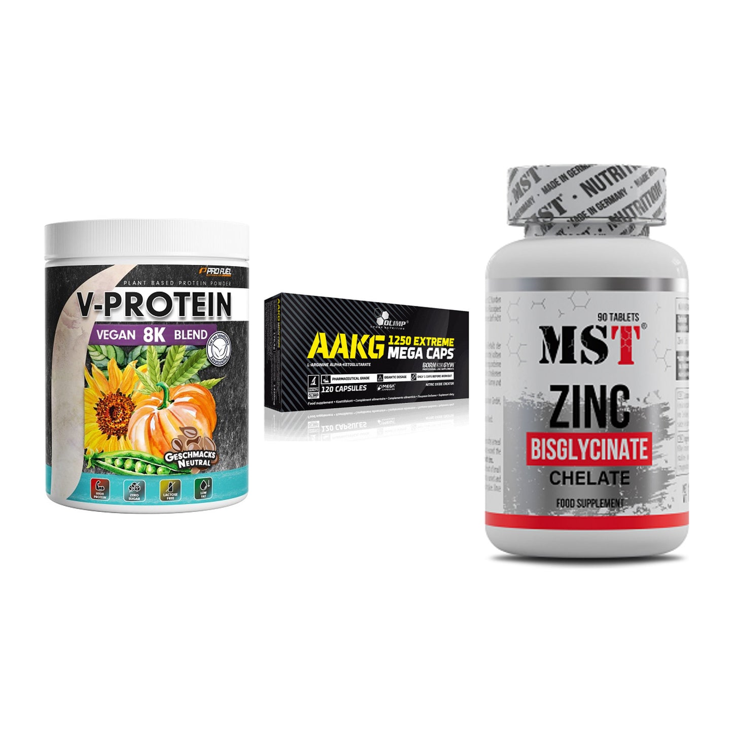 Pflanzliches Set: ProFuel V-Prote + Olimp AAKG + MST Zinc – alle enthaltenen Artikel