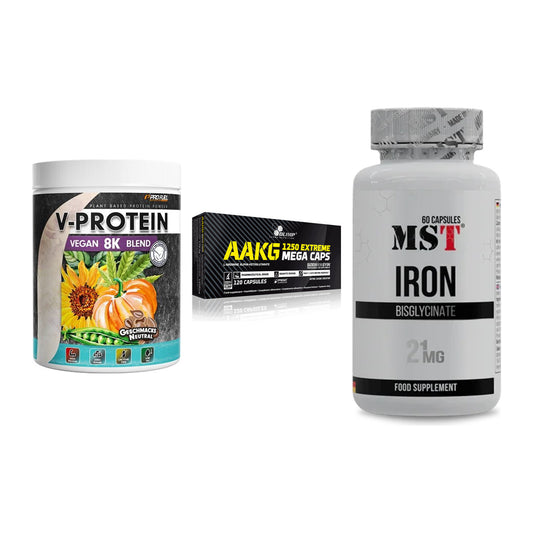 Pflanzliches Set: ProFuel V-Prote + Olimp AAKG + MST Iron – alle enthaltenen Artikel